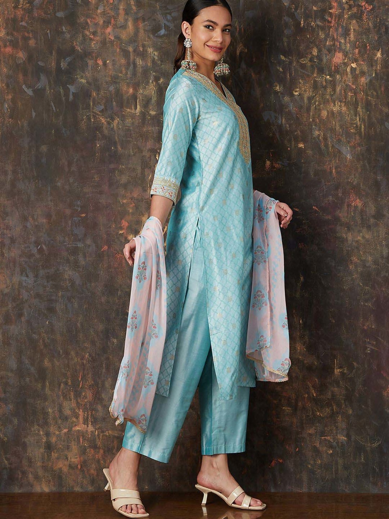 Melange by Lifestyle Blue Embroidered Kurta Pant Set With Dupatta