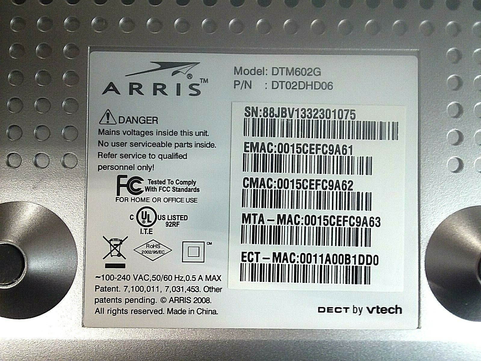 Arris Touchstone Telephony Mdm w/ DECT 6.0 Enhanced Cordless Tech; Part #DTM602G