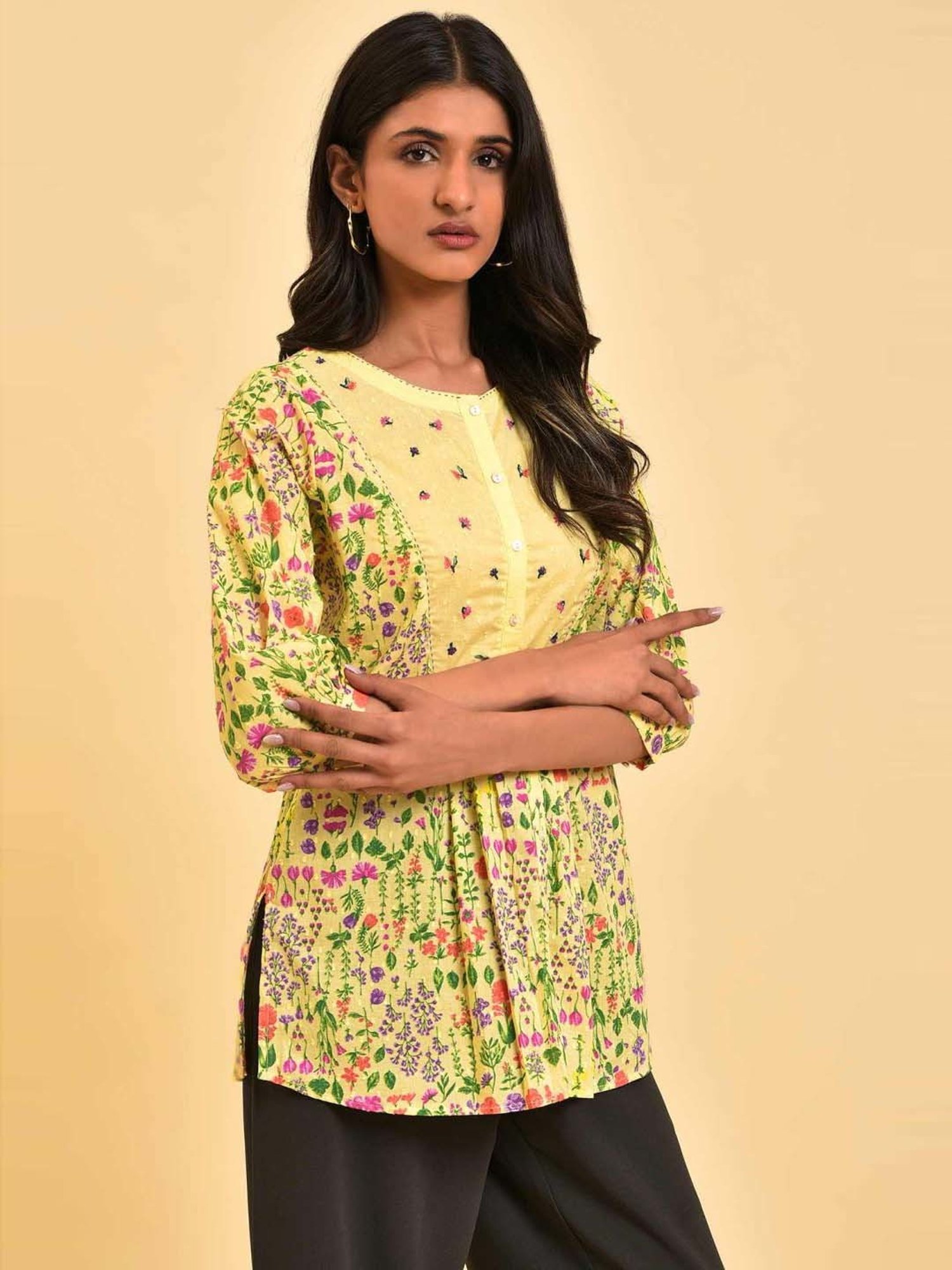 W Yellow Cotton Printed Tunic