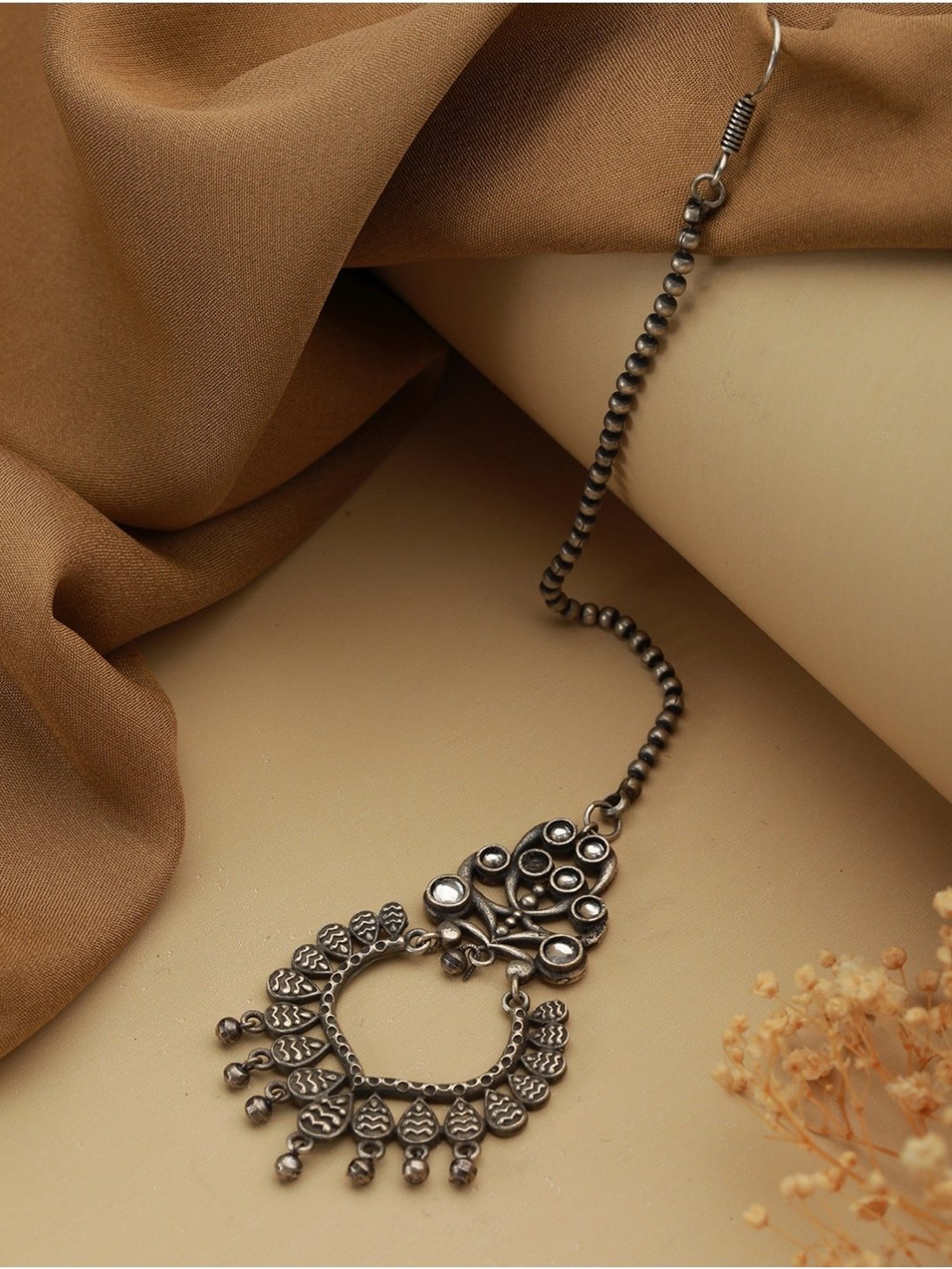 Priyaasi Aesthetic Studded Leaves Oxidized Silver Maangtikka