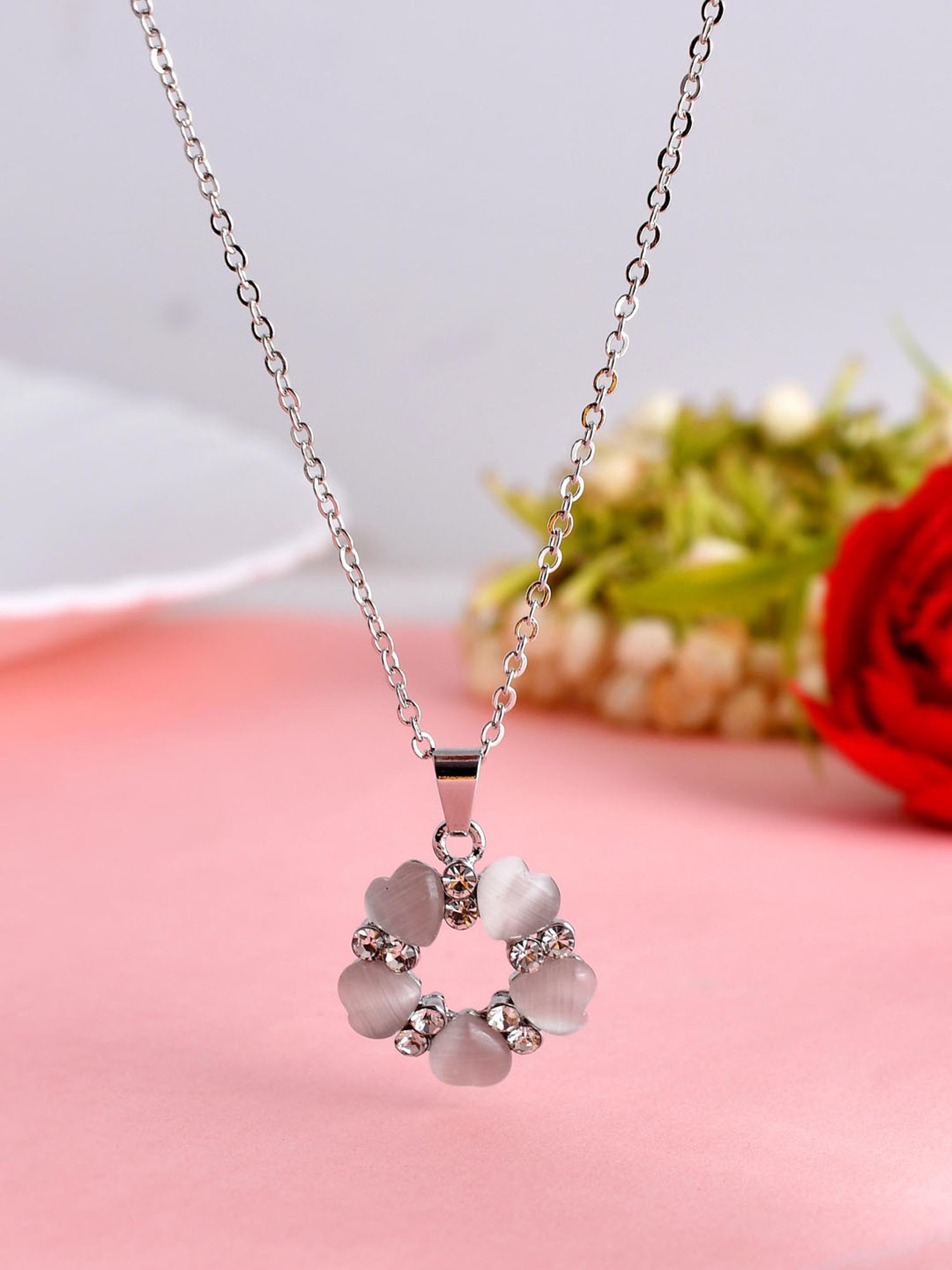 VOJ Women Chain with Heart-Shape Pendant Beads Silver Plated Stainless Steel Chain for Women