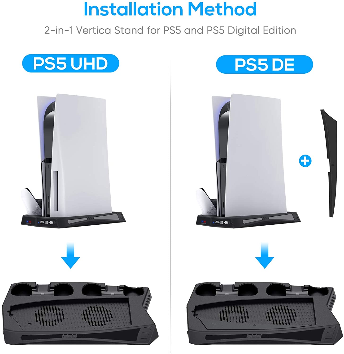 PS5 Vertical Stand Cooling Fan, Playstation 5 Accessories Controller Charge Station with Dual Controllers 3 Ports Charger Dock, Compatible with PS5 UHD and PS5 Digital Edition