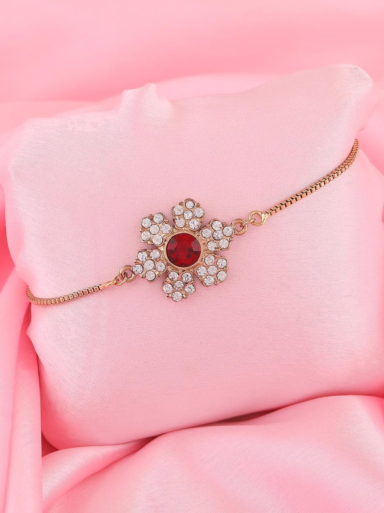 Estele Gold-Plated Holy Floral Bracelet with Austrian Red & White Crystals for Women