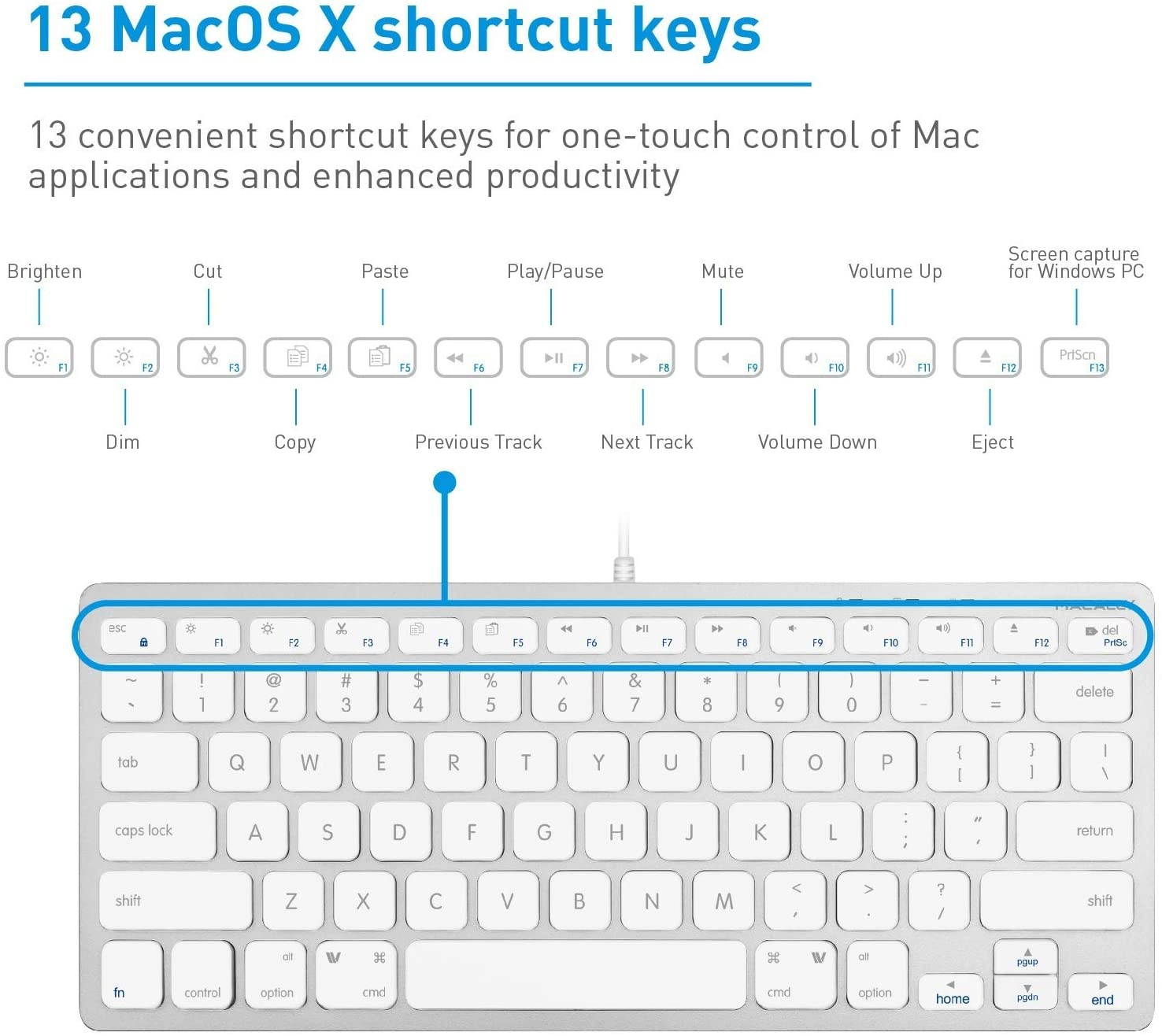 Macally Compact Wired Keyboard for Mac and Windows - 78 Scissor Switch Keys with 13 Shortcut Keys - Small USB Keyboard That Saves Space and Looks Great - Plug and Play Wired Mac Keyboard - Aluminum