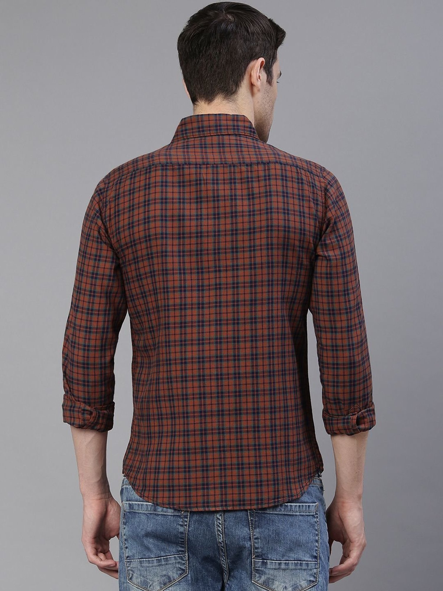 Dennis Lingo Brown & Navy Cotton Slim Fit Checks Shirt