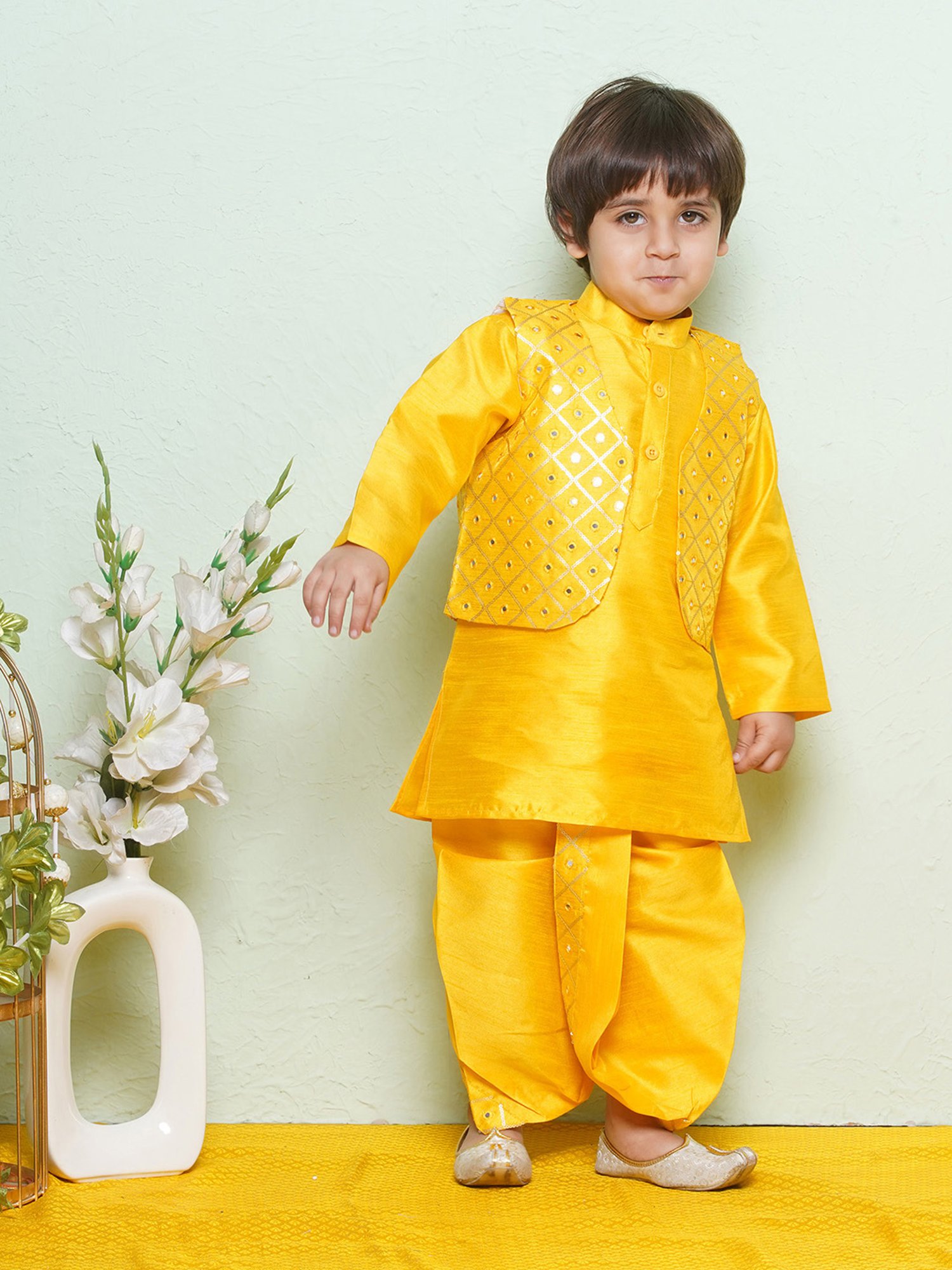 AJ Dezines Kids Mustard Embellished Full Sleeves Kurta, Dhoti with Waistcoat