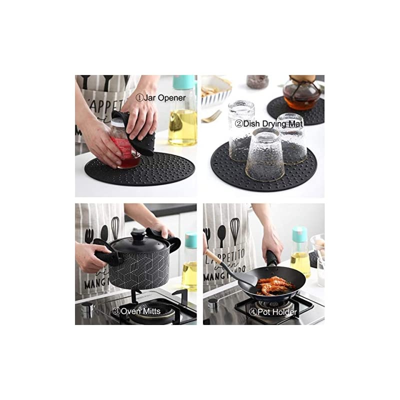 Large, Thick Silicone Trivet Mat Set For Hot Dishes,Pots and Pans, Kitchen Hot Pads for Countertop and Table, Silicone Pot Holders, 2 Large and 2 Regular Sizes S/4 (Black)