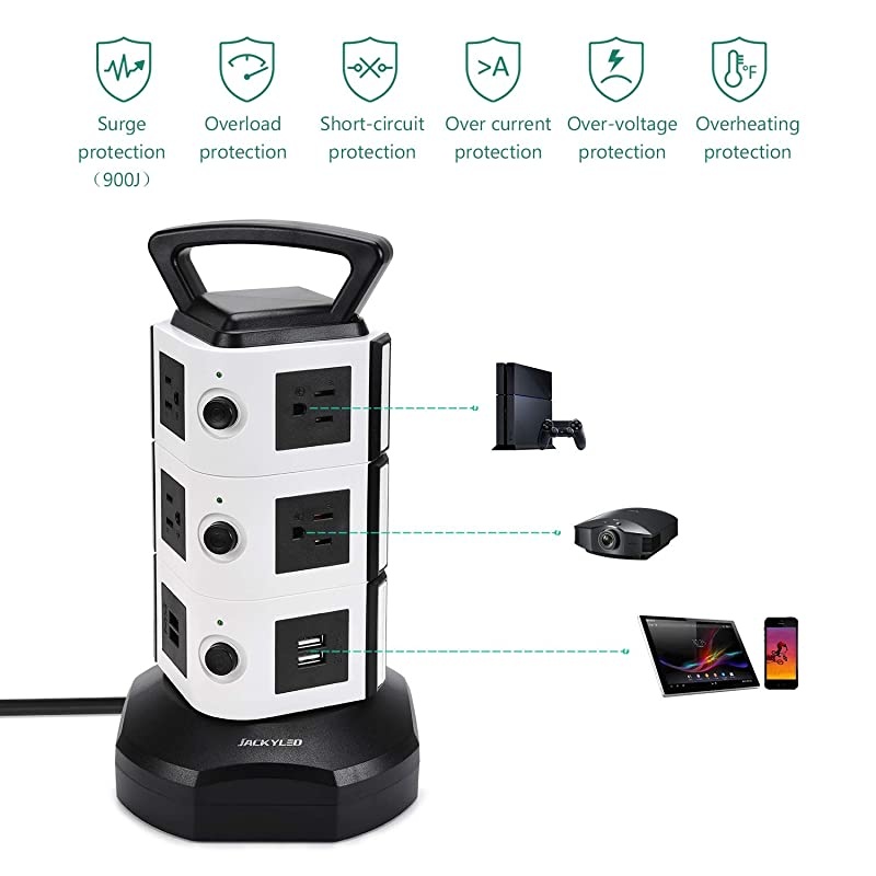 Strip Tower JACKYLED Surge Protector Electric Charging Station 3000W 13A 10 Outlets 4 USB Ports with 16AWG 65ft Heavy Duty Extension Cord for Home Office