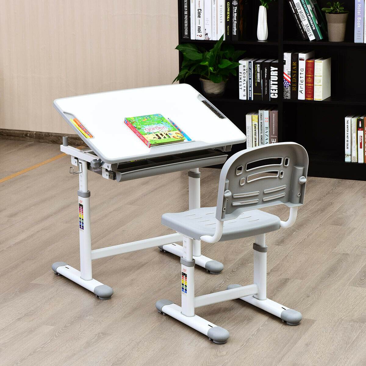 Height Adjustable Children&rsquo;s Desk Chair Set Multifunctional Study Drawing Gray