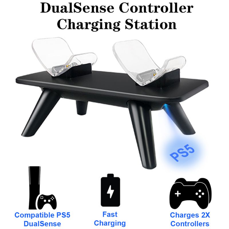 PS5 Controller Charger, Dualsense Charger PS5, Fast Dual Charging Station Stand Dock with Fashion Blue LED Projection Light for Sony Playstation 5 Dual Sense Controllers