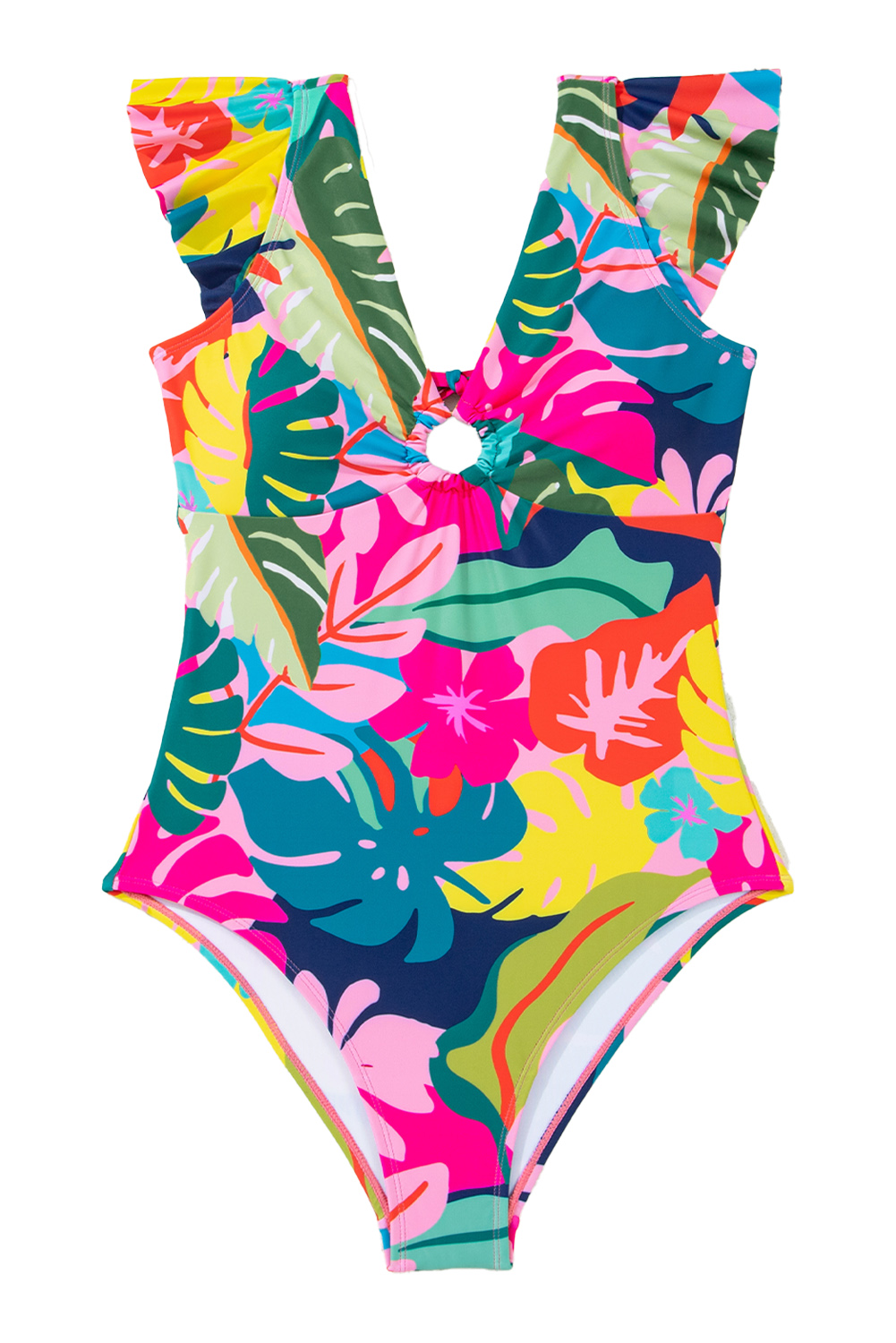 Black Plant Print Zip Front Half Sleeve One Piece Swimsuit