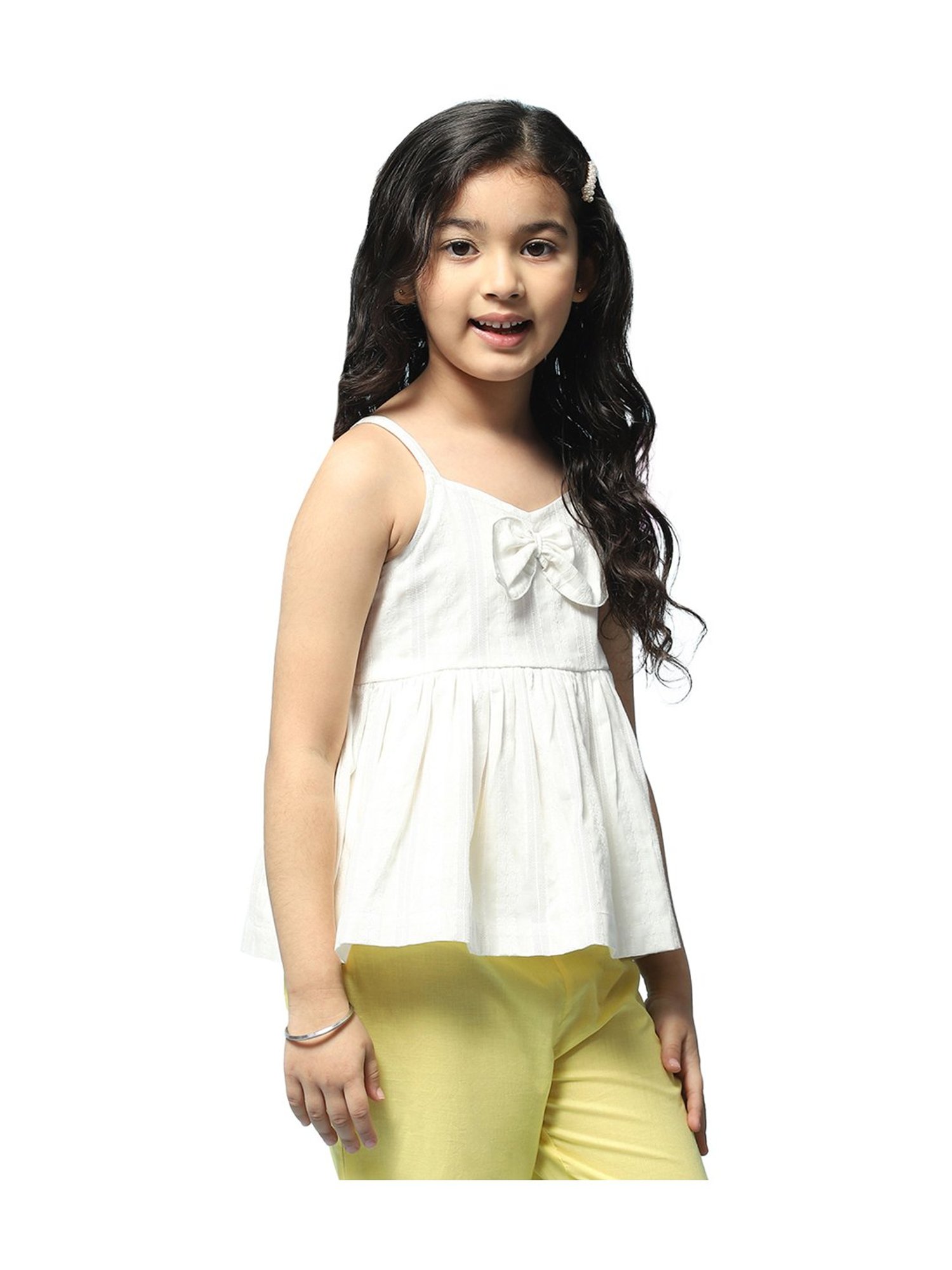 BIBA Girls Kids White Cotton Regular Fit Top