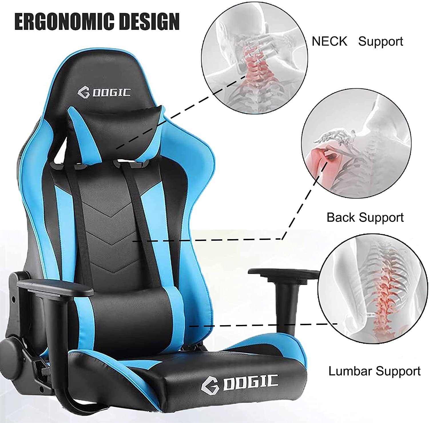 Gaming Chair Racing Computer Chair Ergonomic High Back Video Game Chair PU Leather E-Sports Chair with Headrest and Lumbar Support Executive Office Chair (Blue)