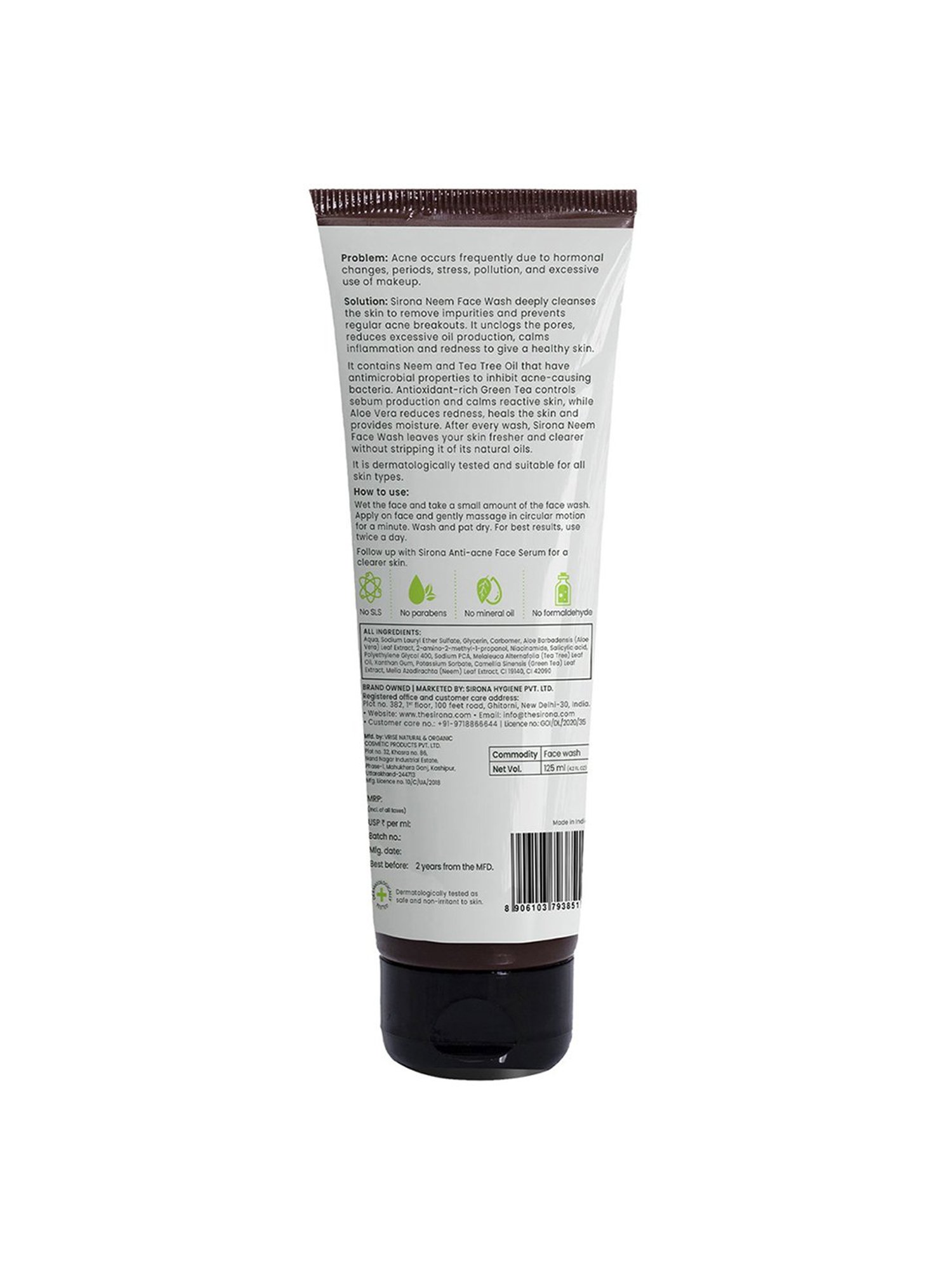 Sirona Neem Face Wash for Men & Women, Reduces Sebum Production & Calms Inflammation - 125ml