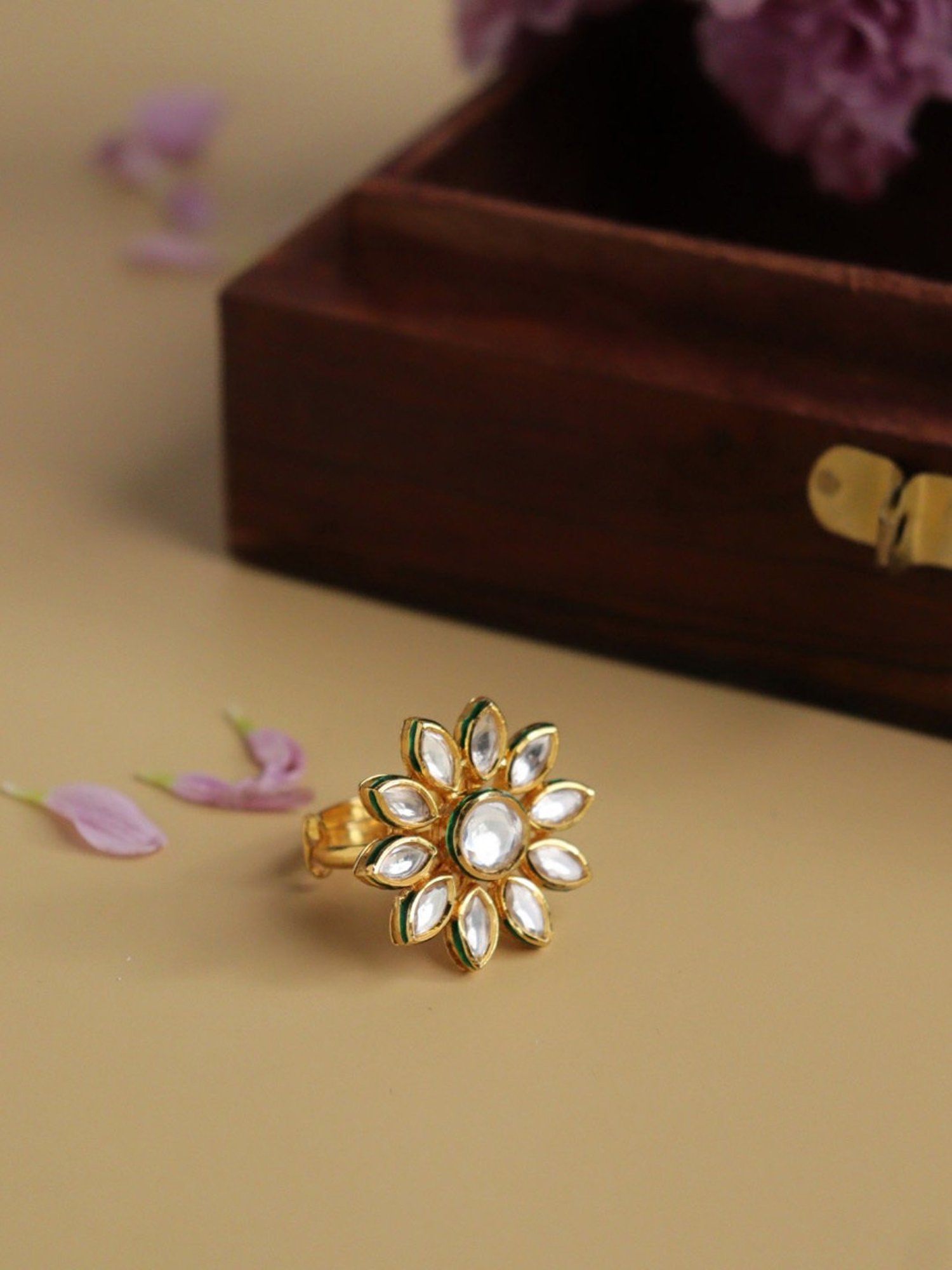 Curio Cottage Bridal Kundan Golden Daffodil Adjustable Ring