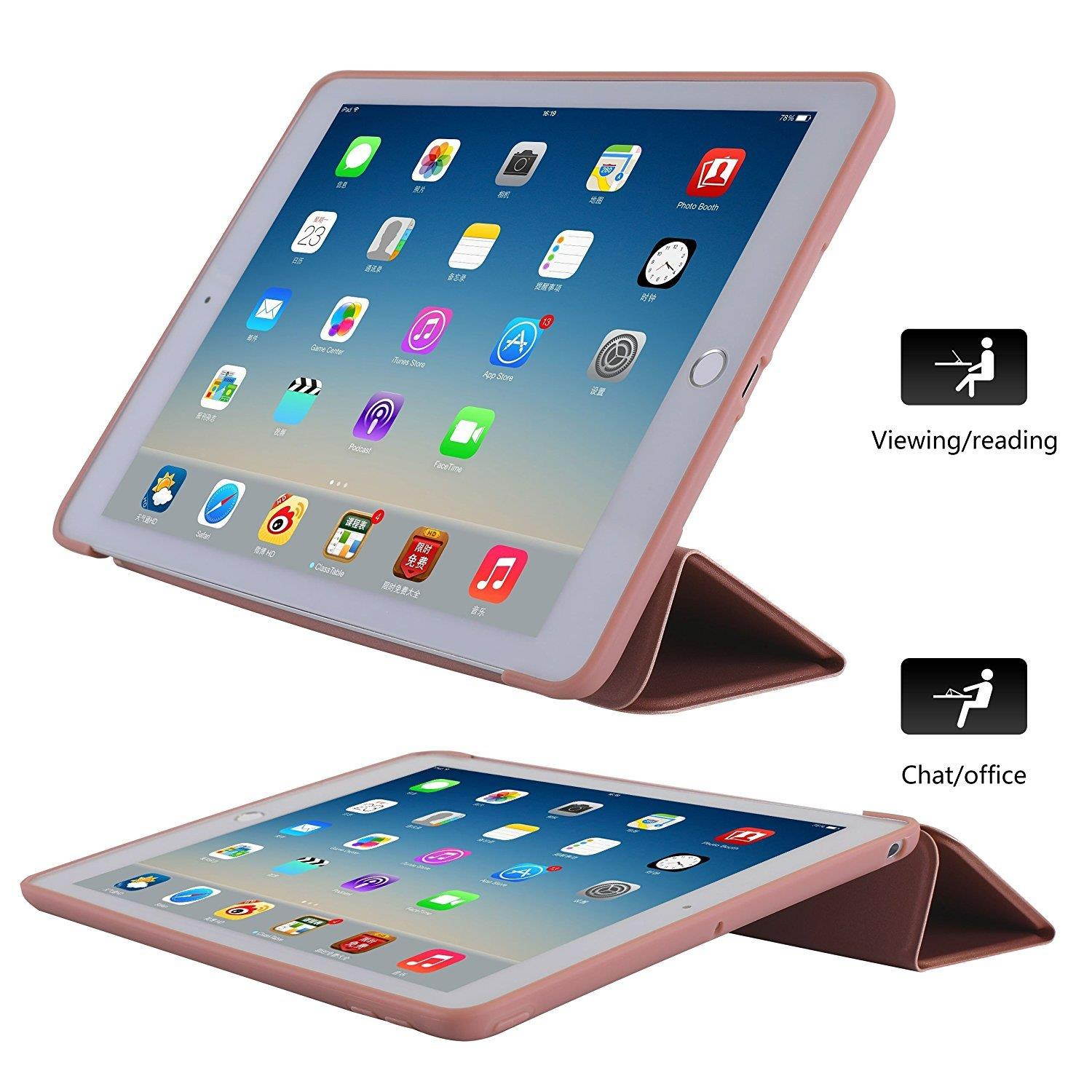 iPad Air 2 - 9.7 Inch 2014 Case Soft Silicone Back (?For Extra Shock Protection) TriFold Ultra Slim Smart Cover Auto Sleep / Wake, MultiAngle Stand [iPad Air 2nd Gen 9.7&rdquo; ]? Soft Back- Rose Gold