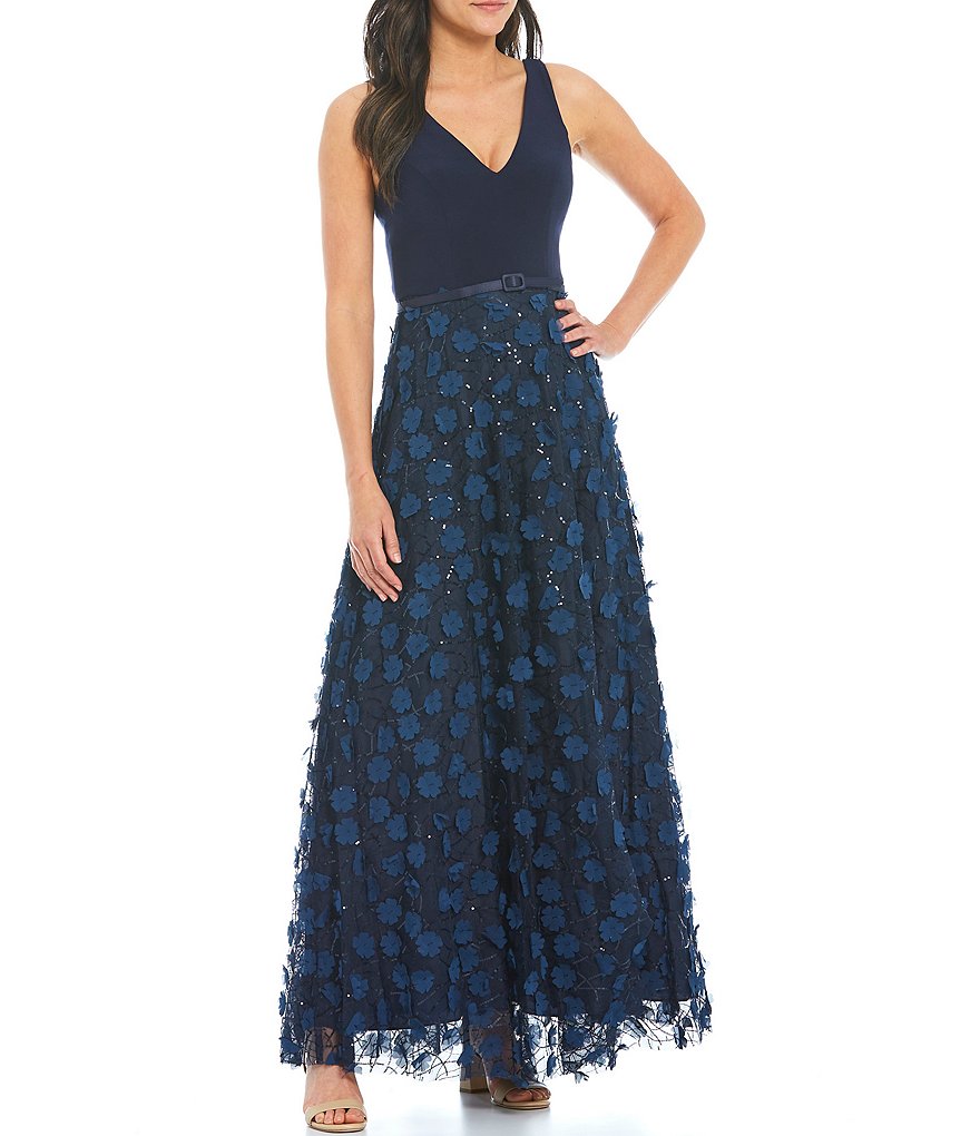 Eliza J V-Neck Sleeveless Fitted Bodice 3-D Fleurette Ball Gown