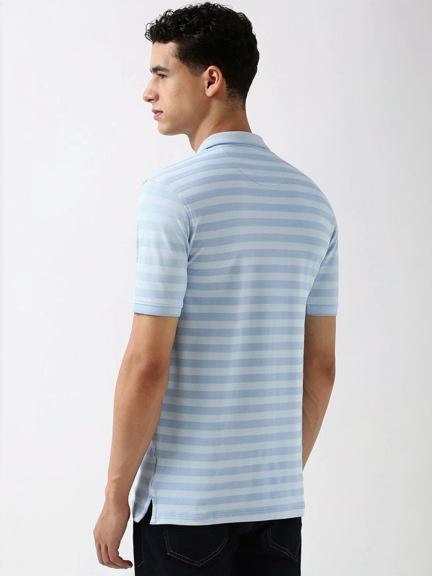 Peter England Blue Regular Fit Striped Polo T-Shirt