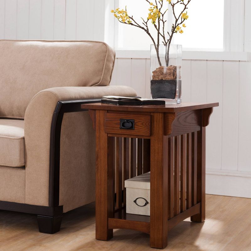 Mission Chair Side End Table With Storage Drawer And Shelf - Medium Oak - Leick Home