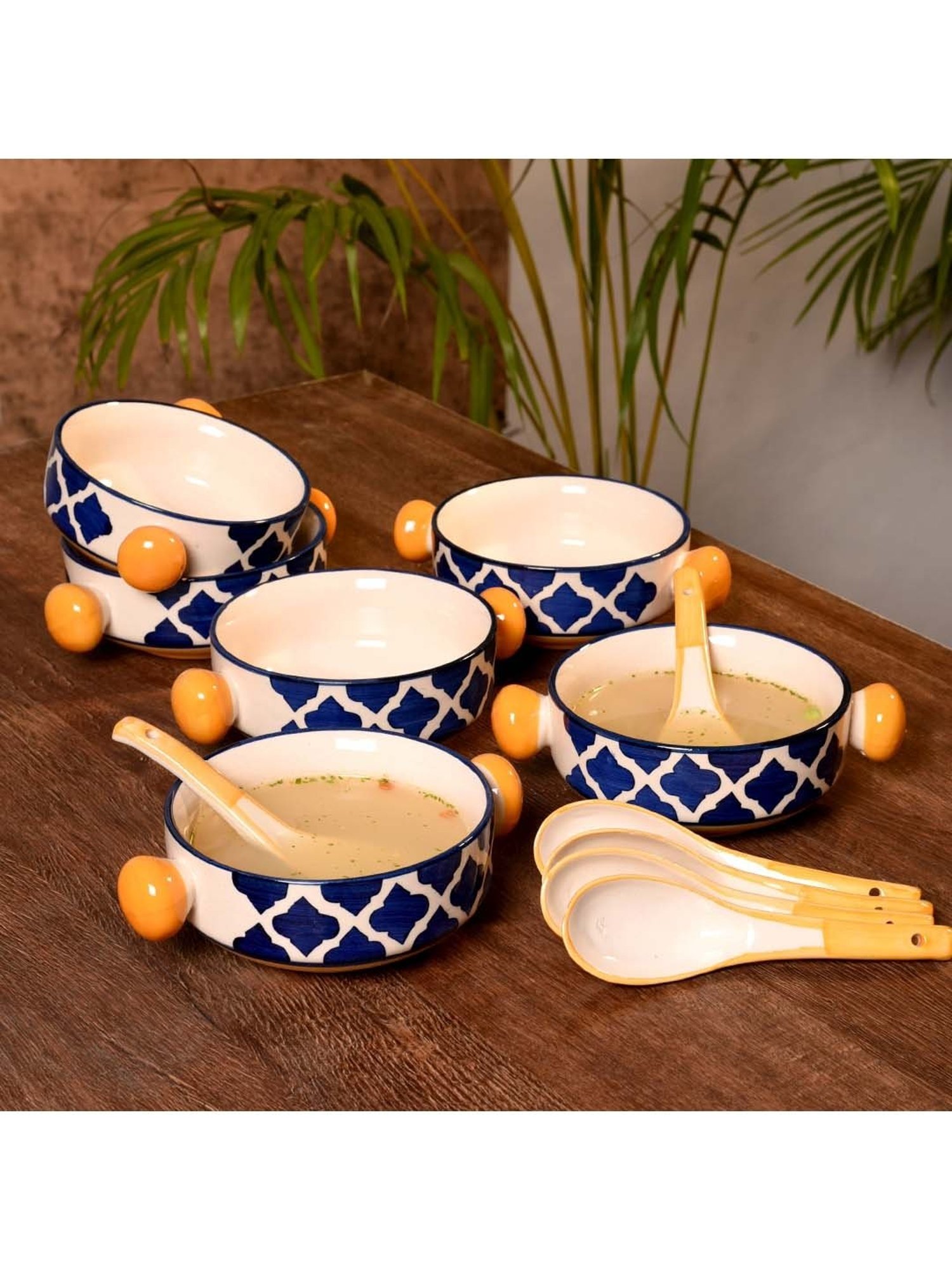 Unravel India Blue & White Ceramic  Soup Bowl Set
