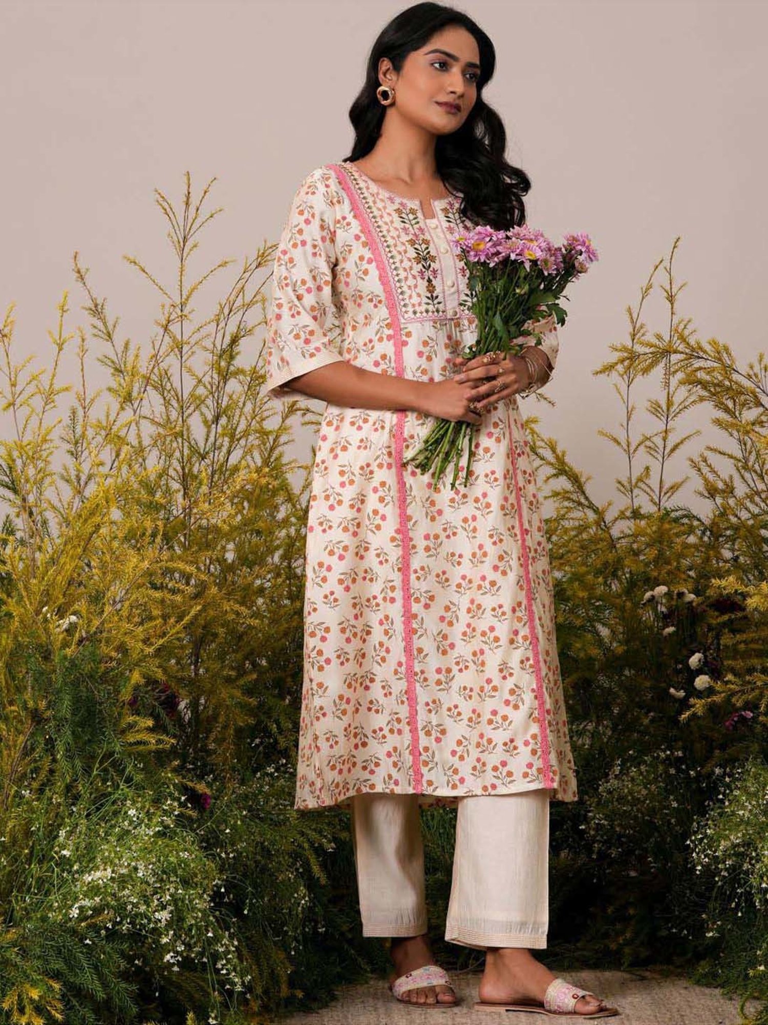 Libas Beige Printed Kurta Pant Set