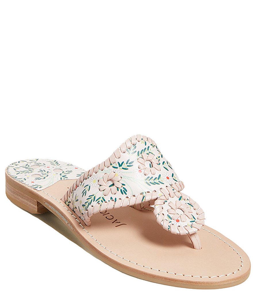 Jack Rogers Jack Daisy Print Leather Whipstitch Detail Thong Sandals