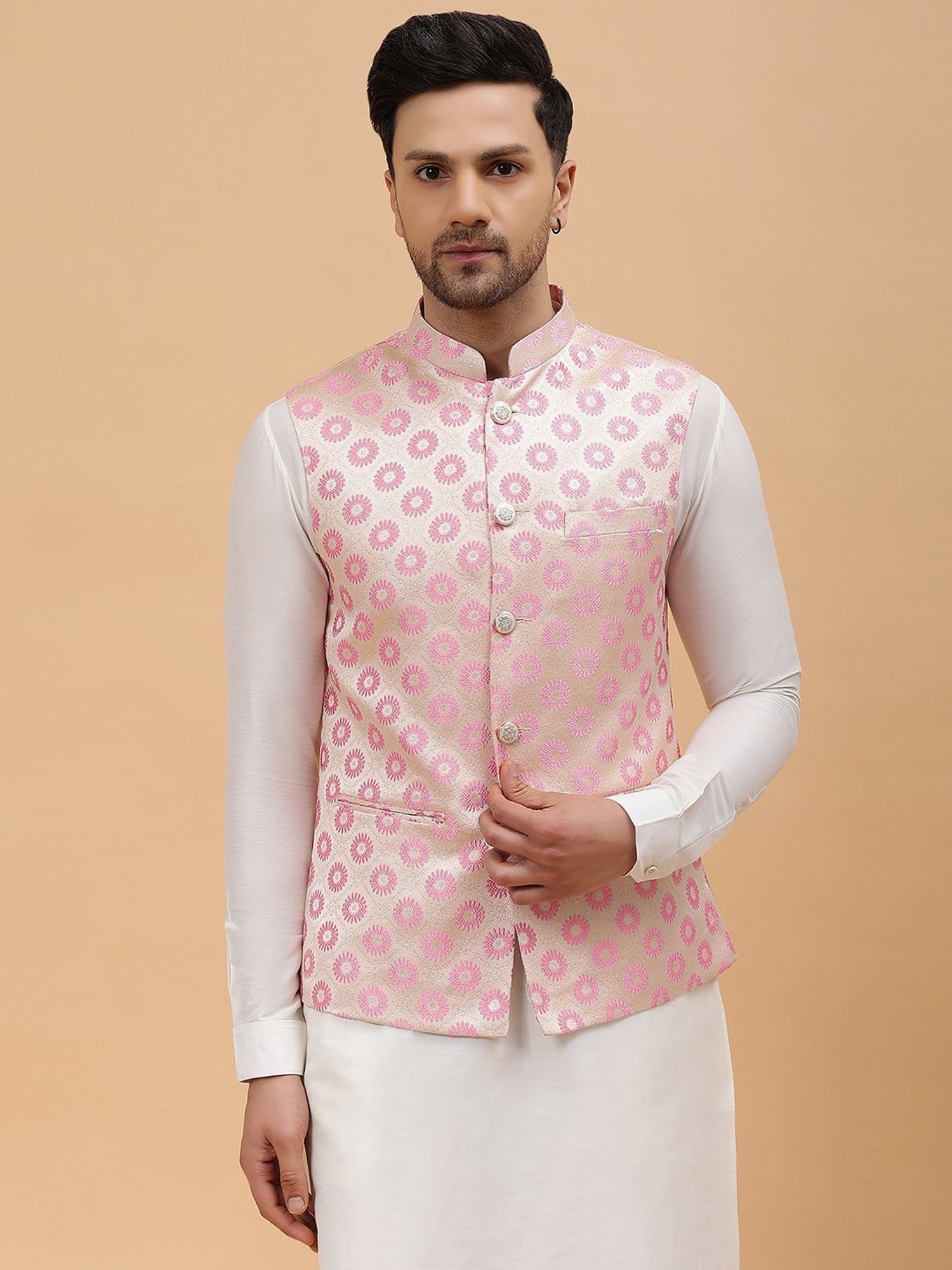 See Designs Gold & Pink Regular Fit Self Pattern Nehru Jacket