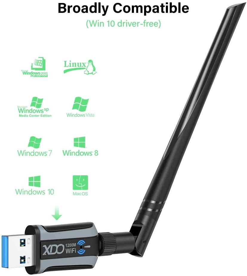 USB WiFi Adapter XDO 1200Mbps Wireless Network Adapter USB 3.0 Dual Band 2.42GHz/5.8GHz 5dBi High Gain Antenna 802.11ac for PC Desktop Laptop