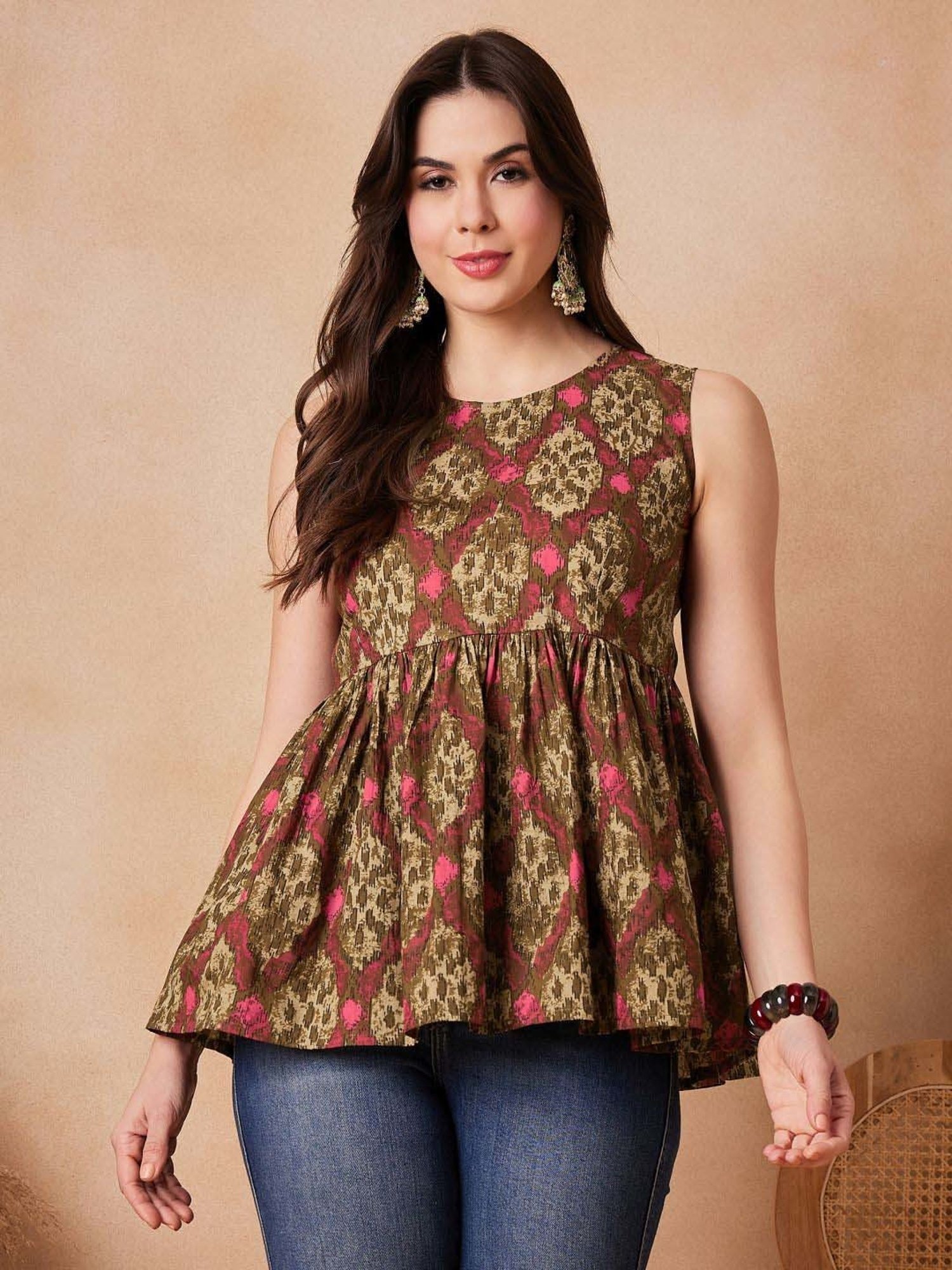 Inweave Olive Green & Maroon Cotton Printed Top