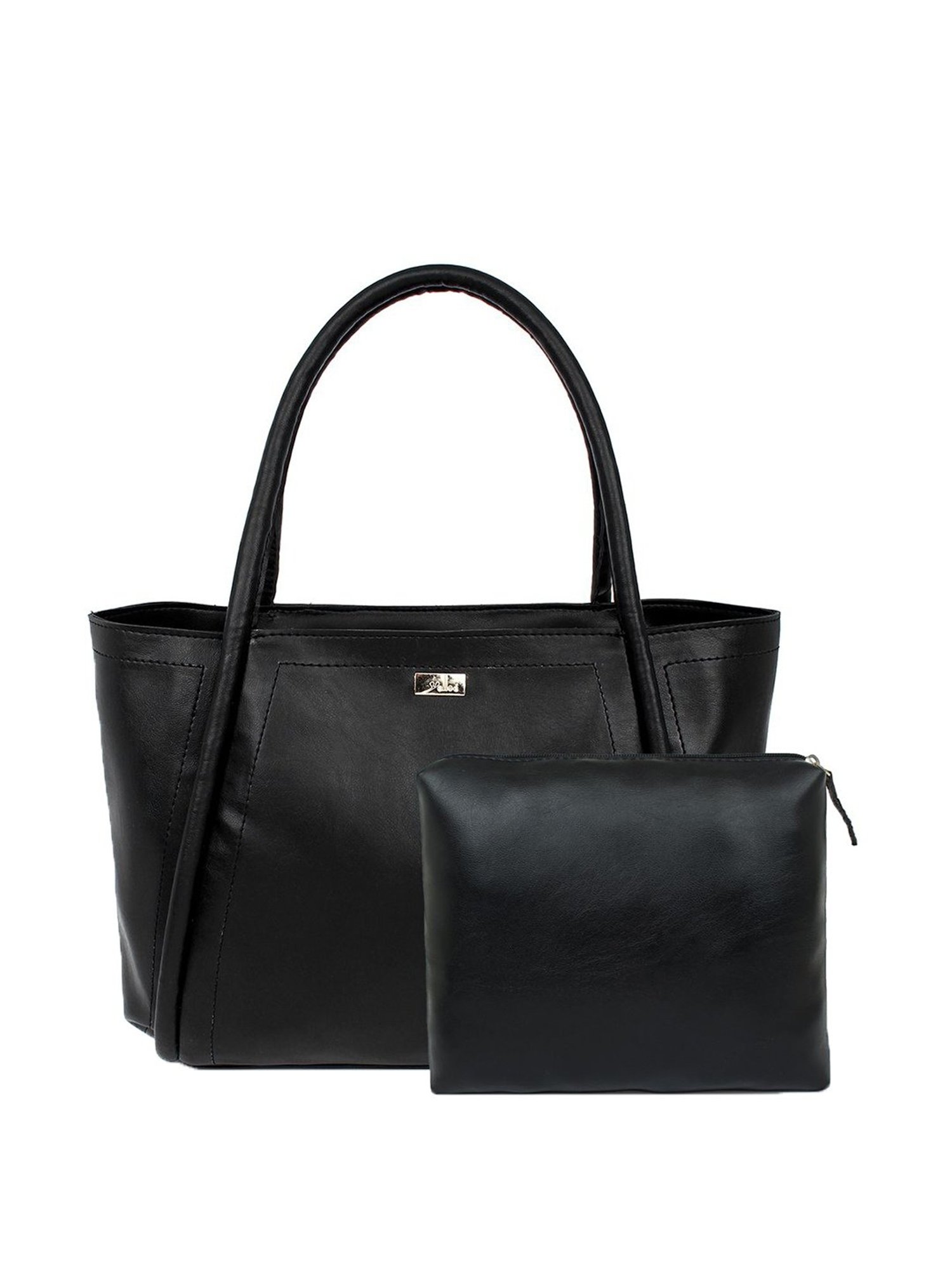 Yelloe Black Solid Large Tote Handbag with Pouch
