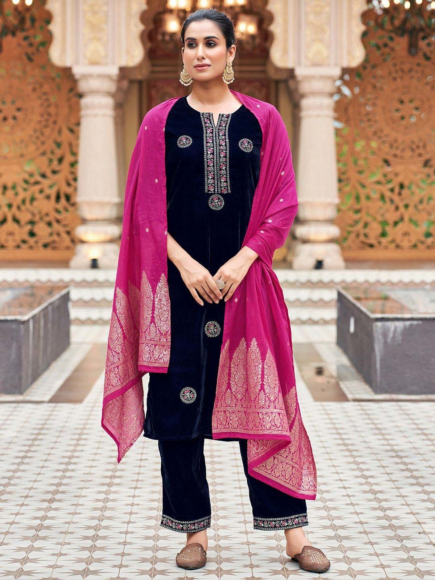 Skylee Navy Embroidered Kurta Pant Set With Dupatta