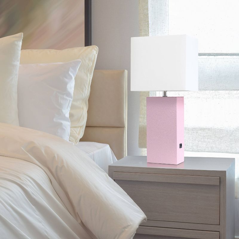 Modern Leather Table Lamp with USB and Fabric Shade Blush Pink - Elegant Designs
