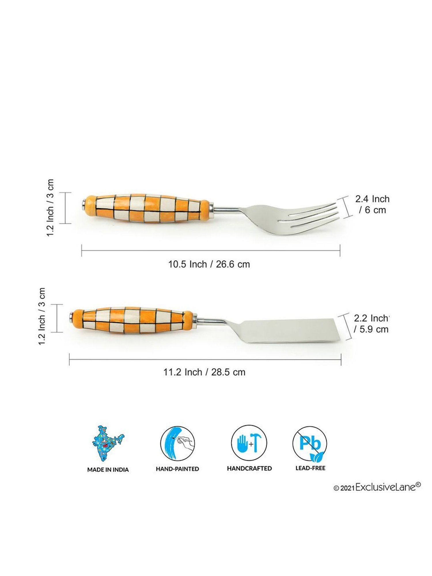 ExclusiveLane 'Shatranj Check' Hand-Painted Serving Fork & Scraper Cutlery Set (Set of 2)