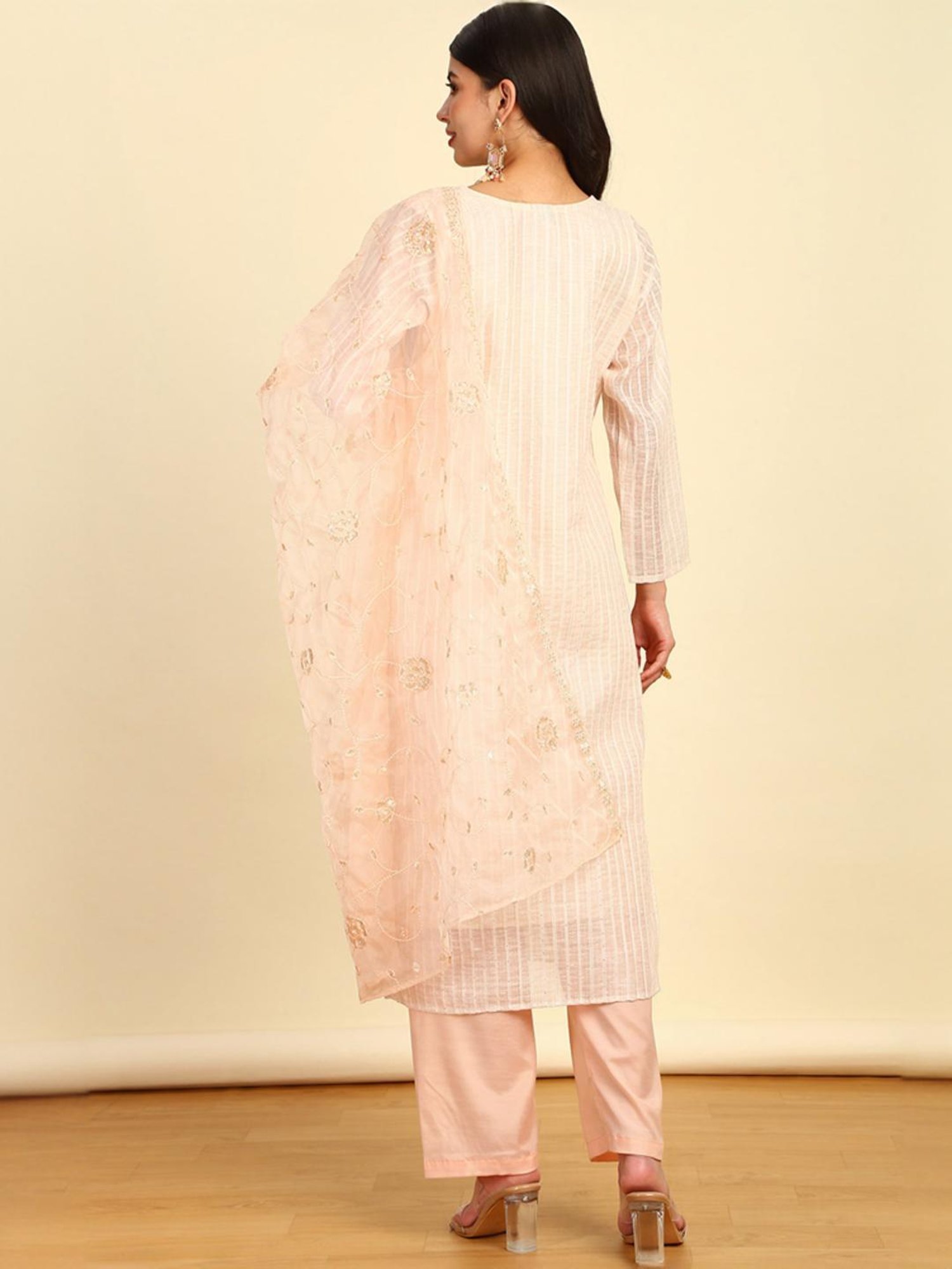 Soch Womens Peach Chanderi Unstitched Dress Material With Sequins