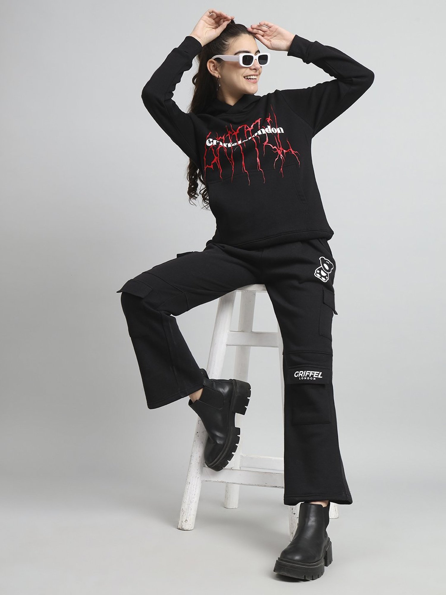 GRIFFEL Black Printed Sweatshirt Track Pants Set