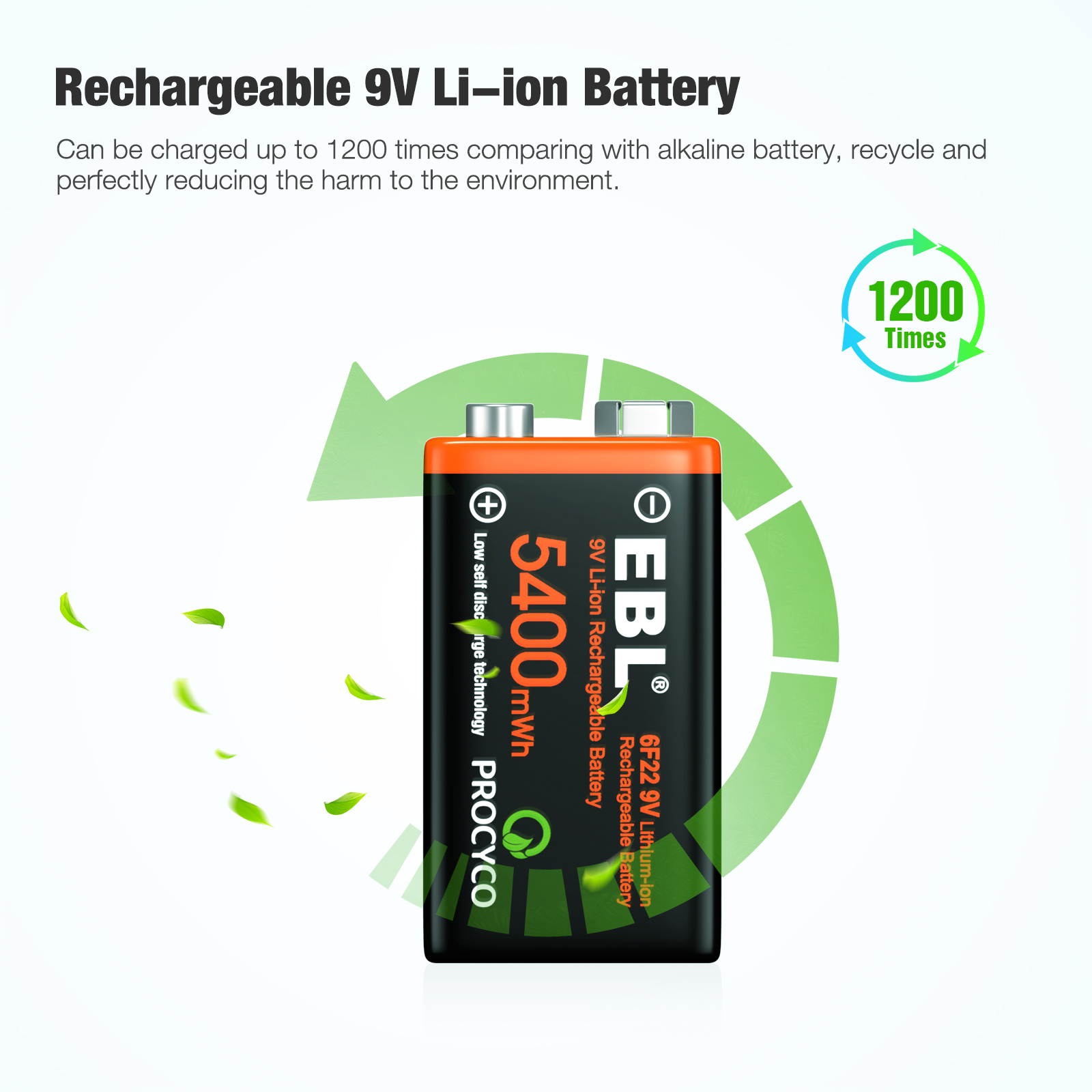 8 Pack EBL USB  5400mWh 9V Rechargeable Lithium Battery,Durable LI-ion Batteries with Micro Charging Cable, Quick Charge in 2 Hours