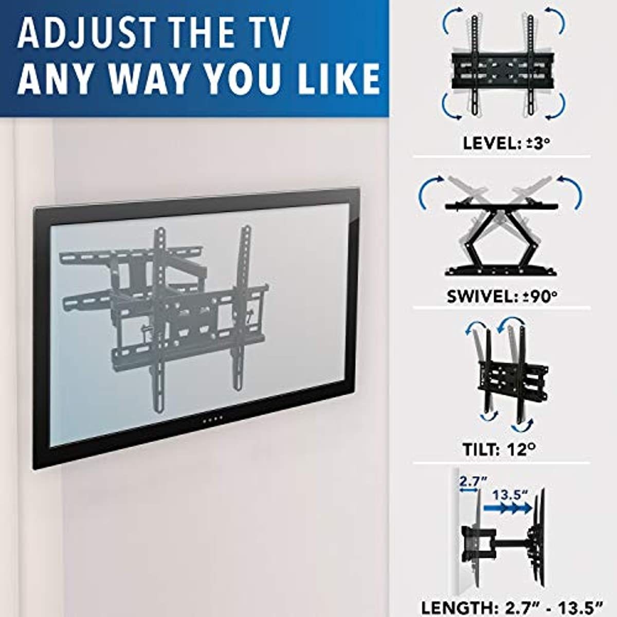 Mount-It! Articulating TV Wall Mount Corner Bracket, VESA 400 x 400 Compatible, Stable Dual Arm Full Motion, Swivel, Tilt Fits 32, 37, 40, 42, 47, 50 Inch TVs, 115 Lbs Capacity with HDMI Cable Black