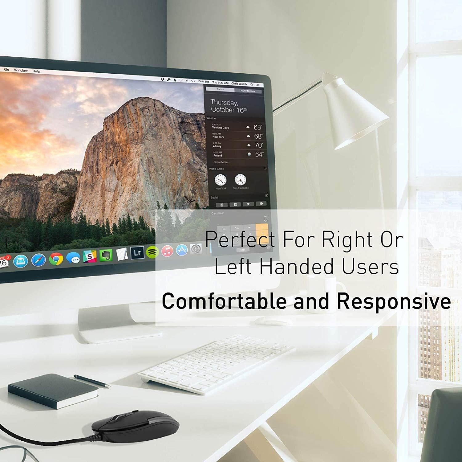 Macally Silent USB Mouse Wired for Apple Mac or Windows PC Laptop/Desktop Computer | Slim & Compact Mice Design with Optical Sensor and DPI Switch 800/1200/1600/2400 | Small for Easy Travel (Black)