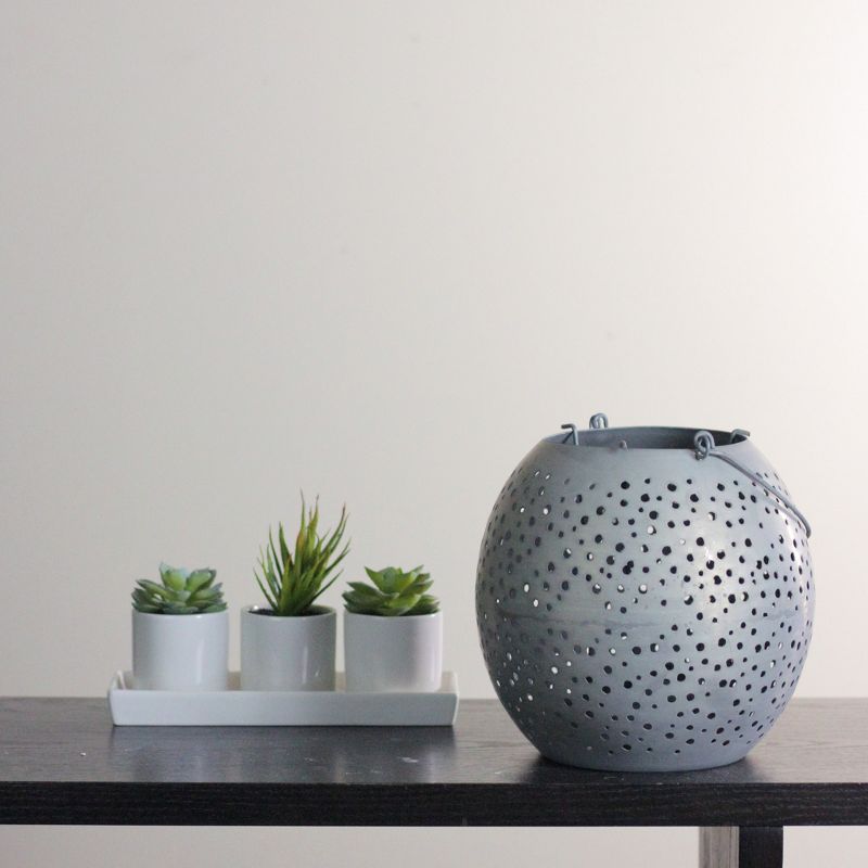 Kaemingk 9" Botanic Beauty Gray Zinc Cut-Out Candle Holder Lantern