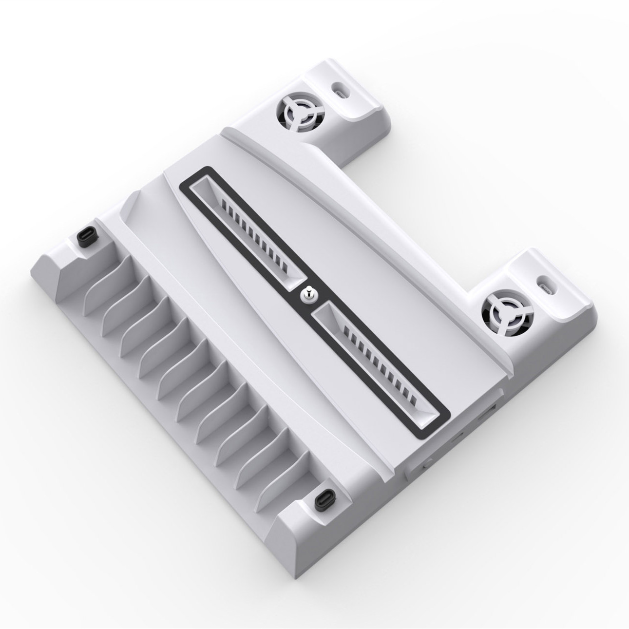 PS5/PS5 Digital Edition Stand with Suction Cooling Fan of 3-speed control and Dual Controller wireless Charger Station Suction Cooling Fan with wireless Charging Dock Station and 11 Game Slots-White