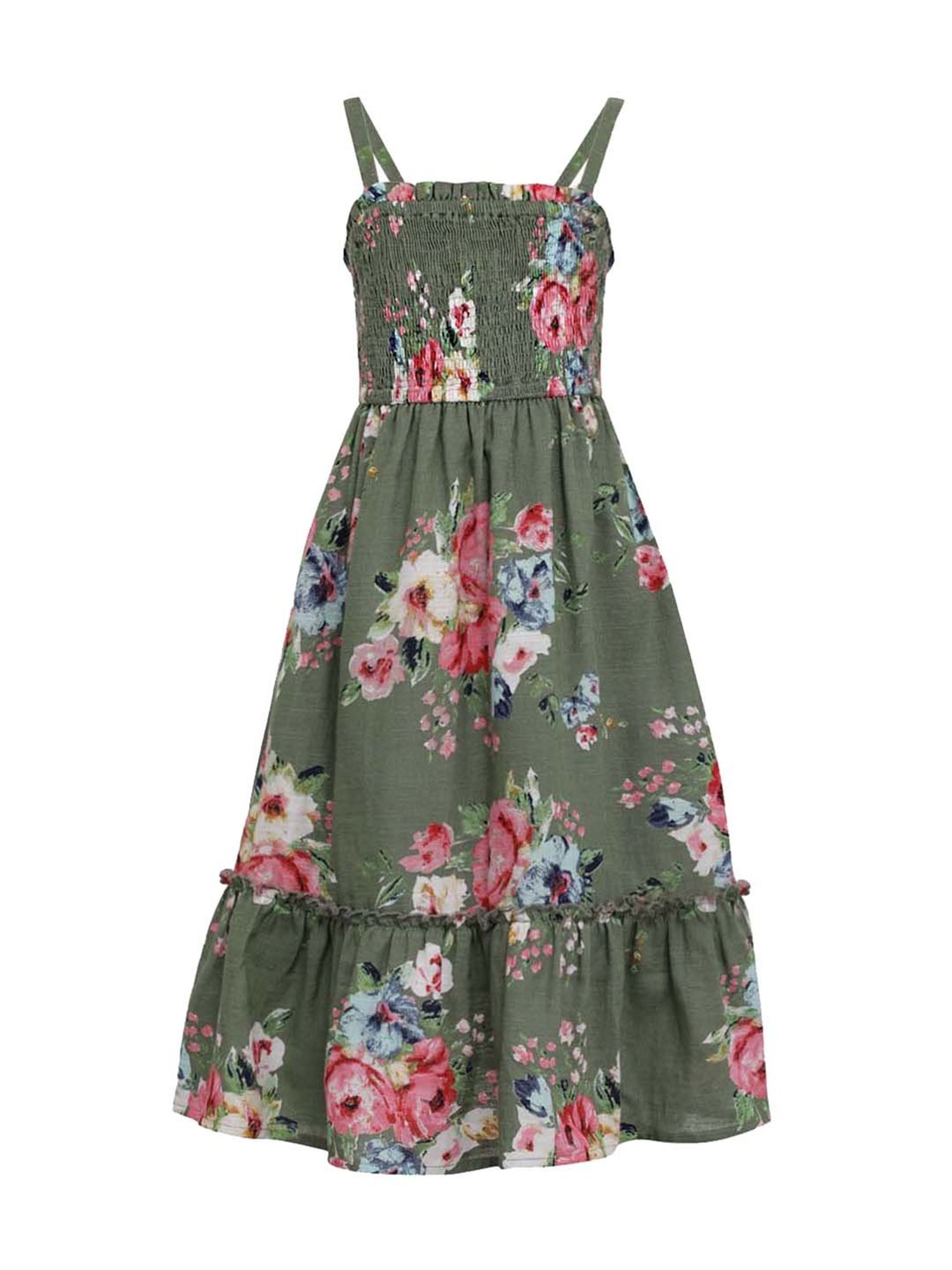 A Little Fable Kids Dark Green Cotton Floral Print Dress