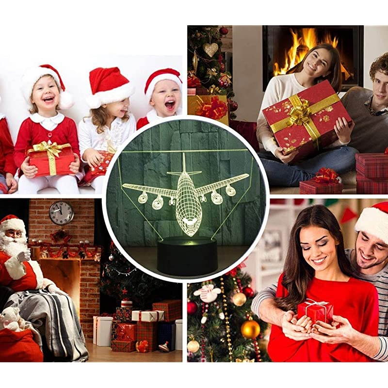 World Airplane Night Light 3D Illusion Lamp 7 Color Changing Touch Control with USB Cable LED Table Desk Decor Lamps Christmas Birthday Gifts for Kids Boys Pilot Plane Lover