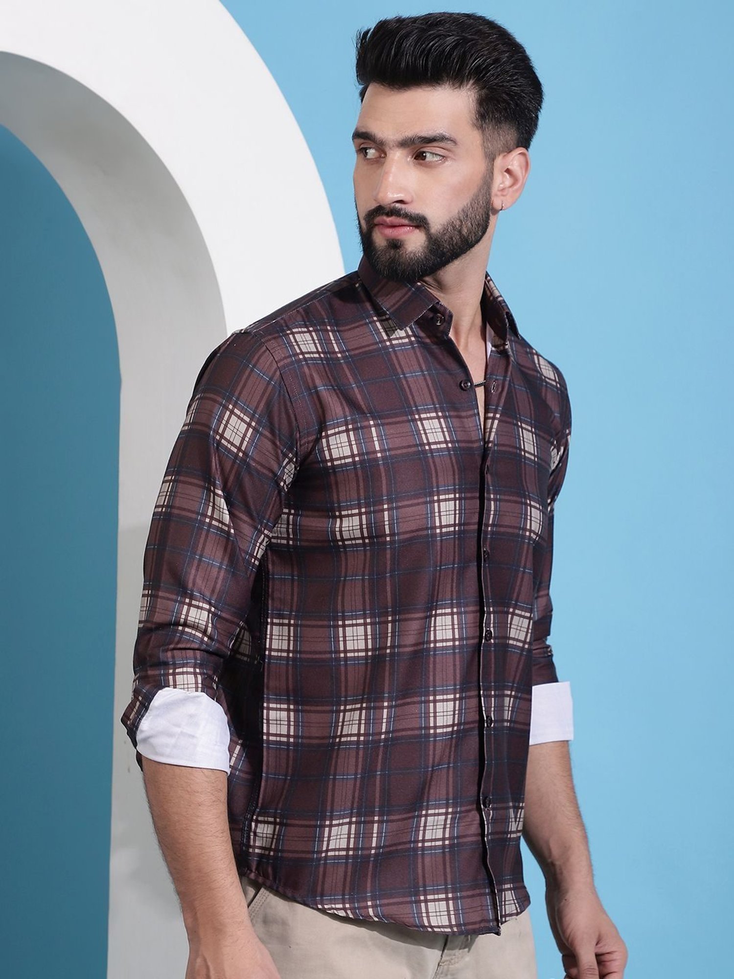 Indian Needle Coffee Regular Fit Checks Shirt