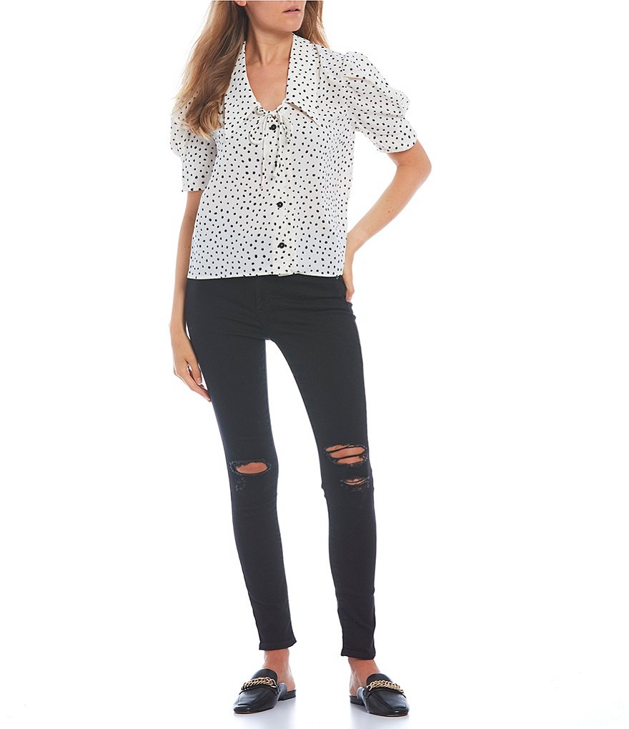 Good Luck Gem Dalmatian Print Button Front Short Sleeve Top