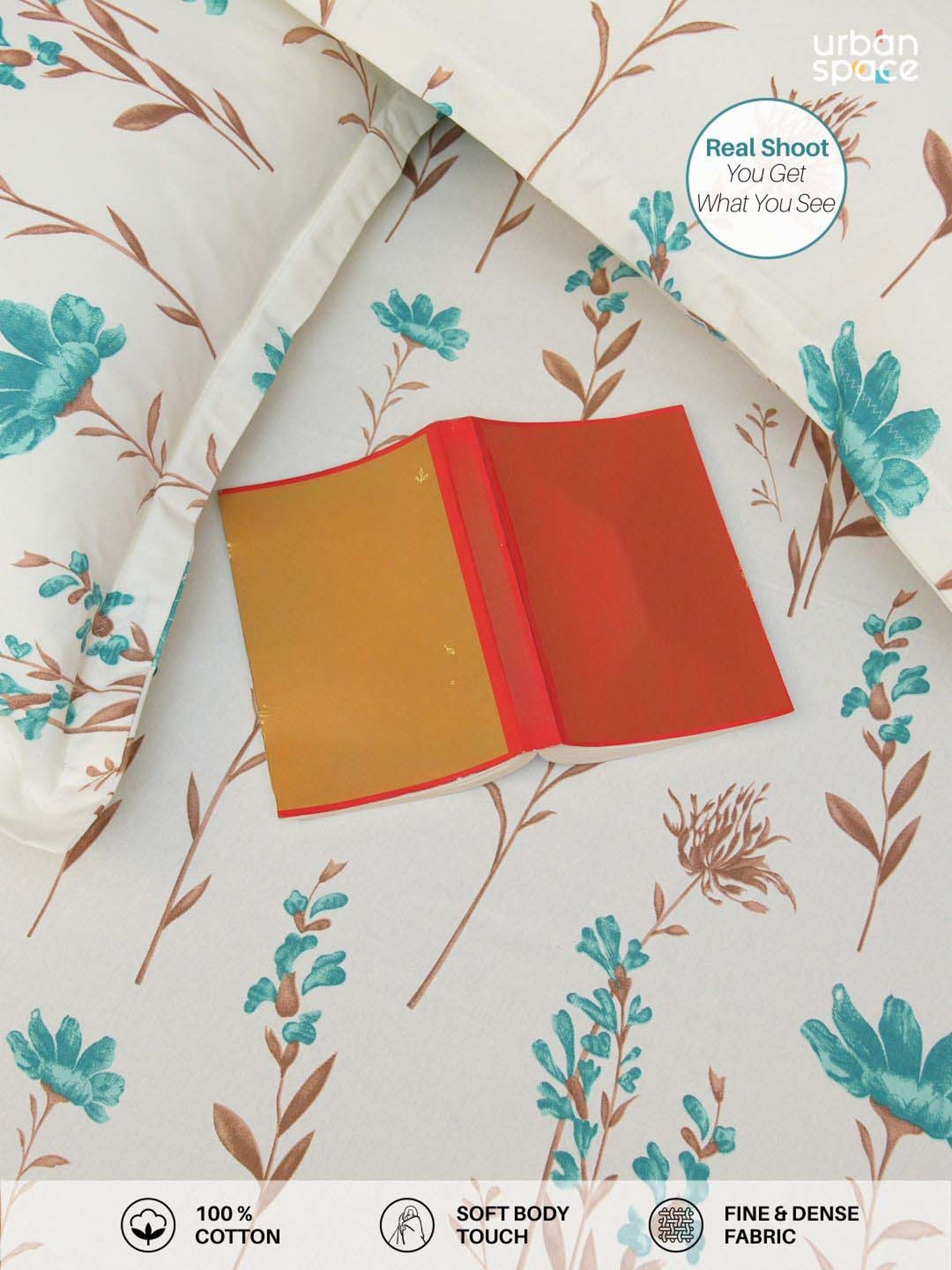 Urban Space Turquoise & White Cotton 200 TC Orchid Blooms King Fitted Bedsheet with 2 Pillow Covers