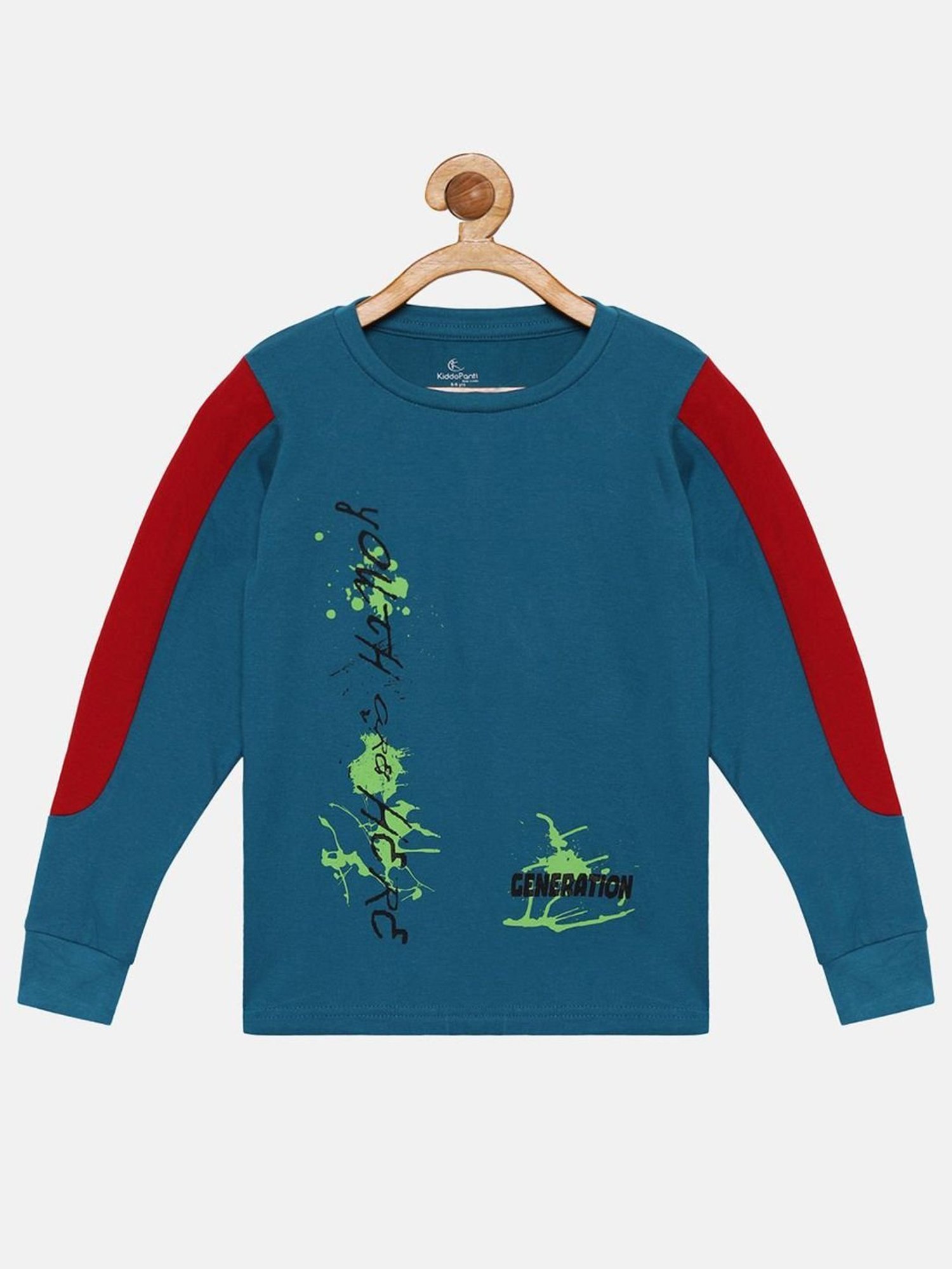 Kiddopanti Kids Teal Blue & Red Cotton Printed Full Sleeves T-Shirt