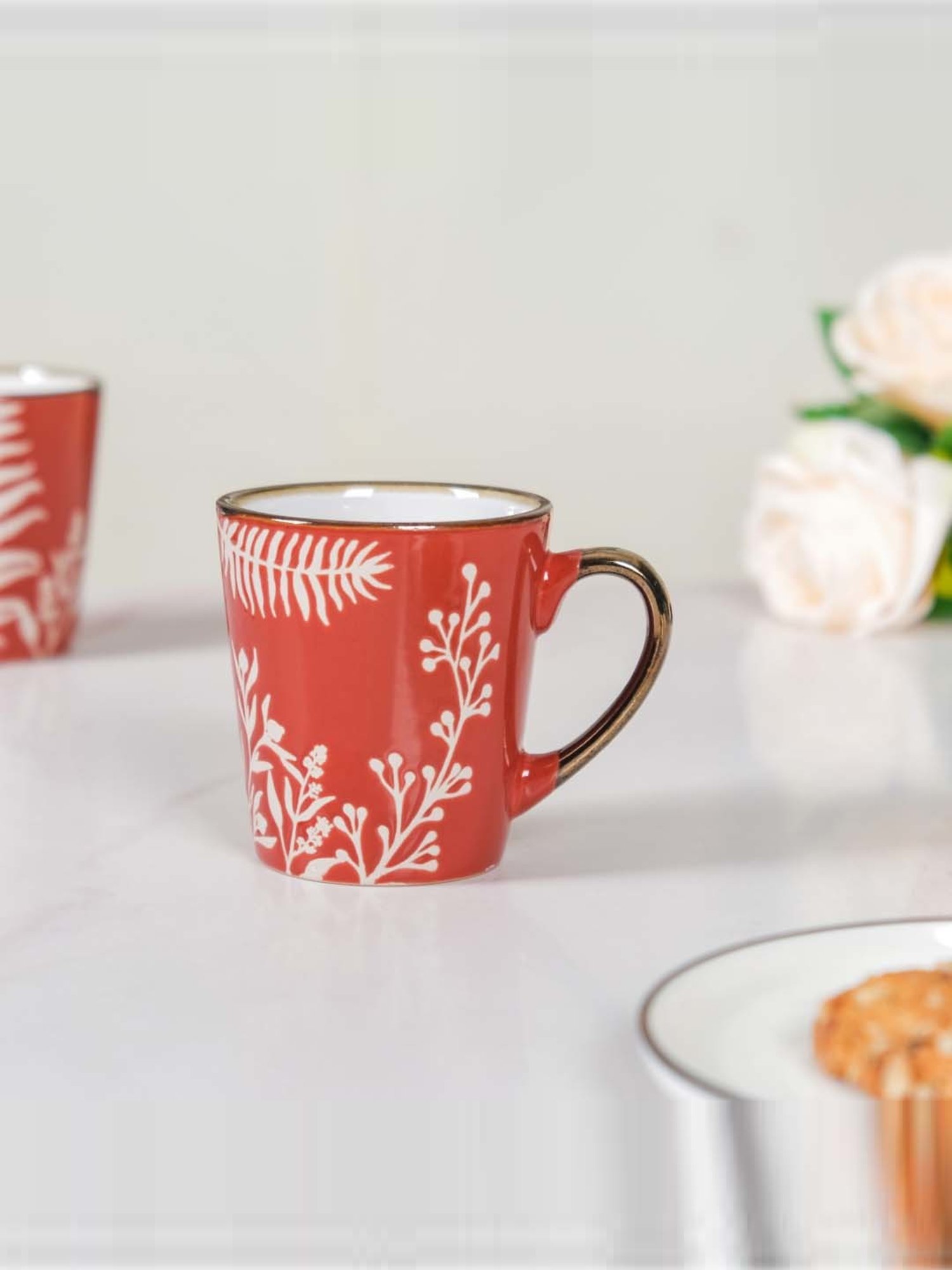 Nestasia Red Coffee Mugs With Golden Rim and Handle Set Of 6 200ml