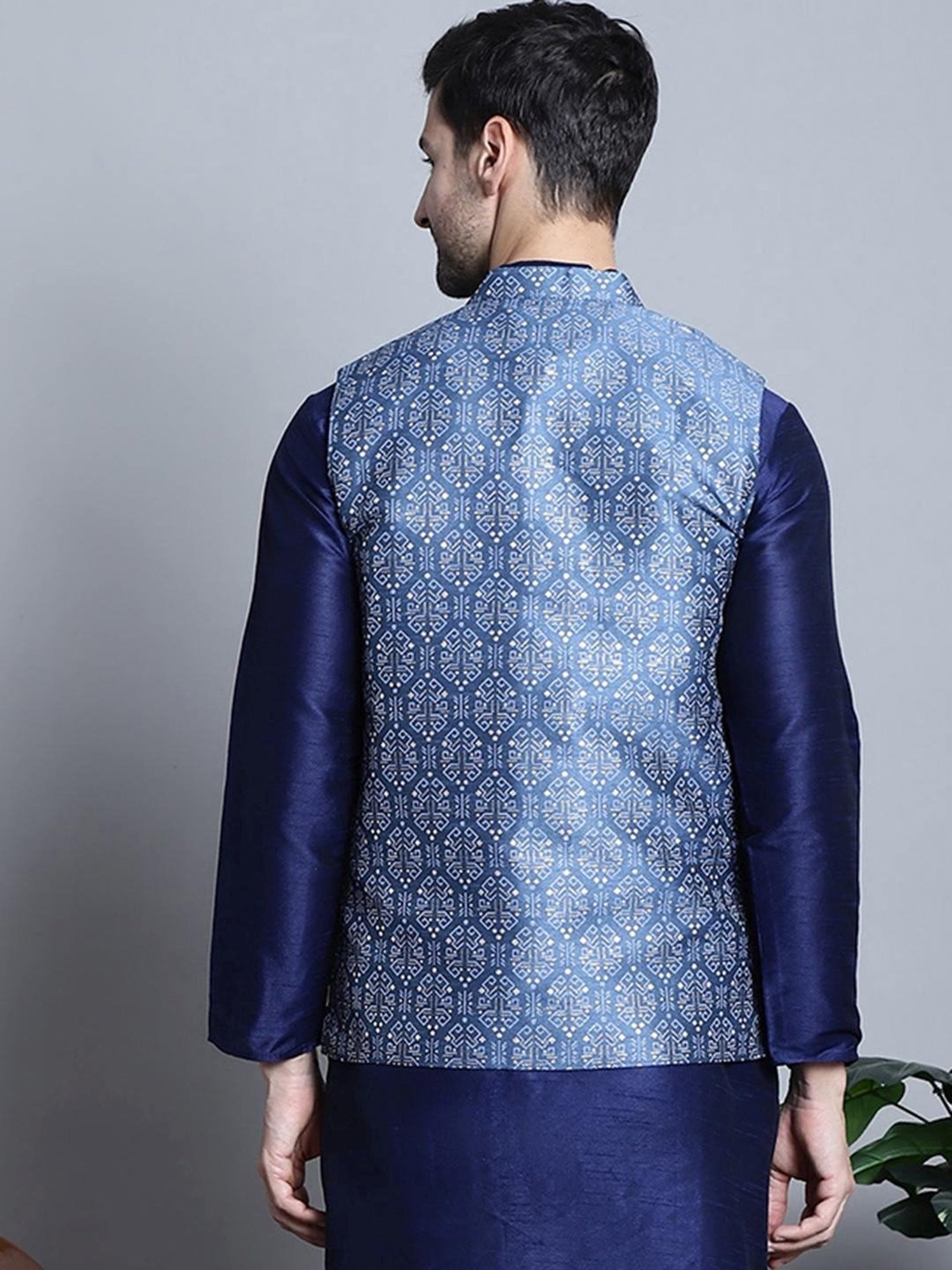 Jompers Blue  Regular Fit Printed Nehru Jacket