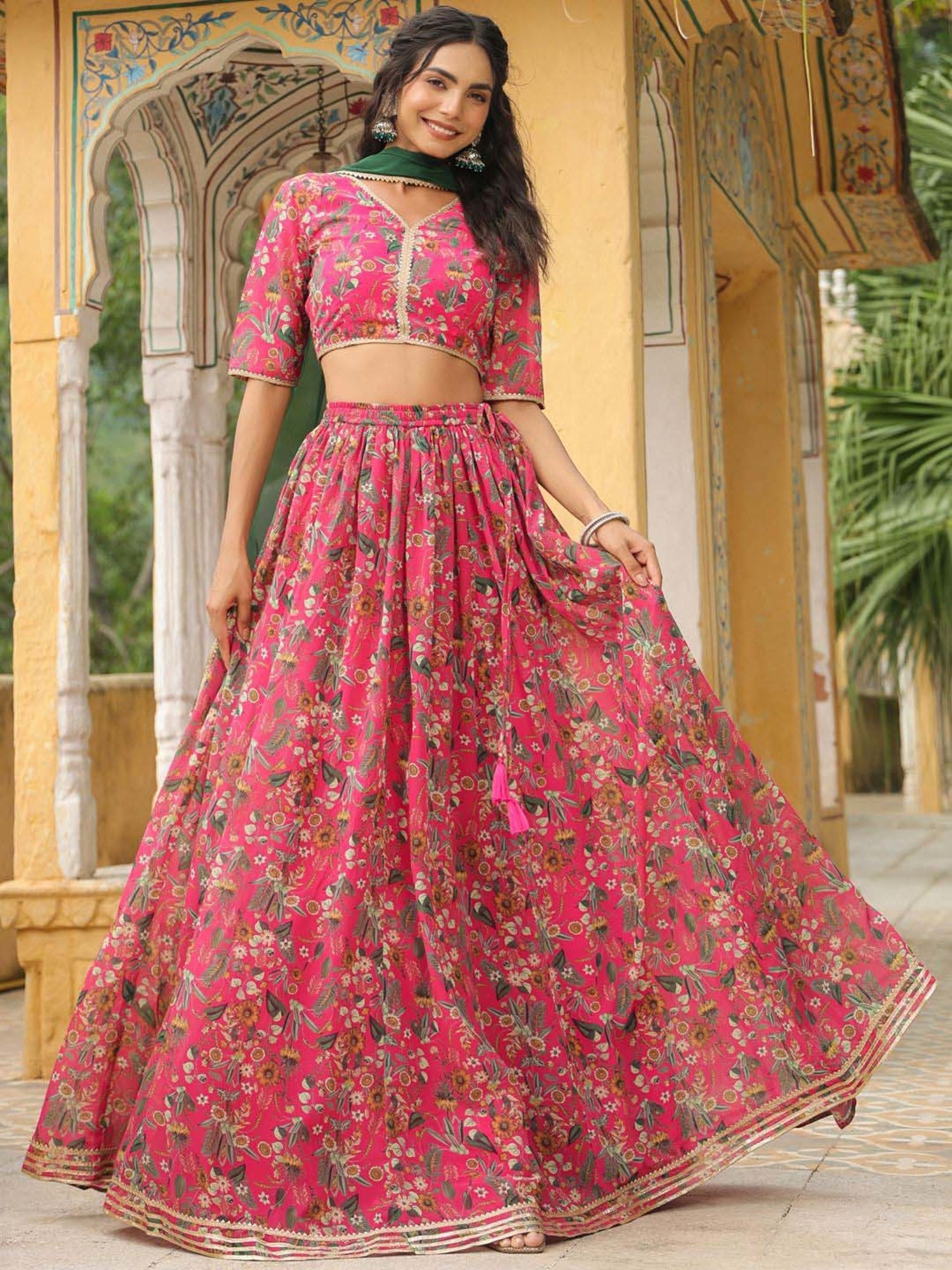 Janasya Pink Printed Lehenga Choli Set With Dupatta