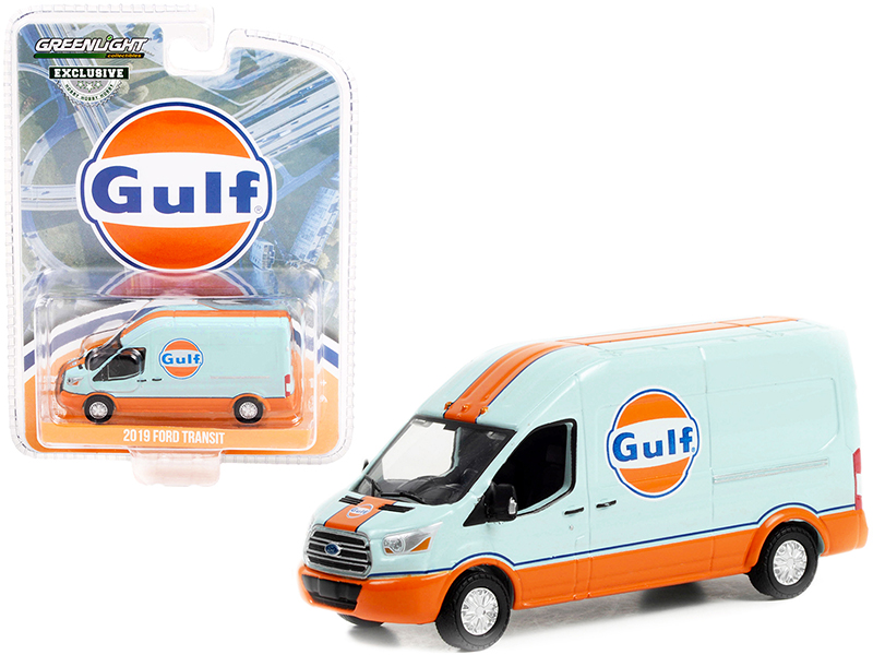 2019 Ford Transit LWB High Roof Van "Gulf Oil" Light Blue and Orange "Hobby Exclusive" 1/64 Diecast Model Car by Greenlight